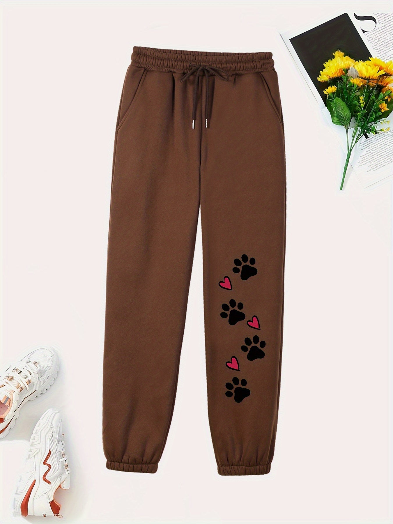 Women's Casual Sweatpants With Drawstring Waist, Stretch Cute Paw Print Comfort Joggers, Fashionable Athletic Pants For Everyday Wear