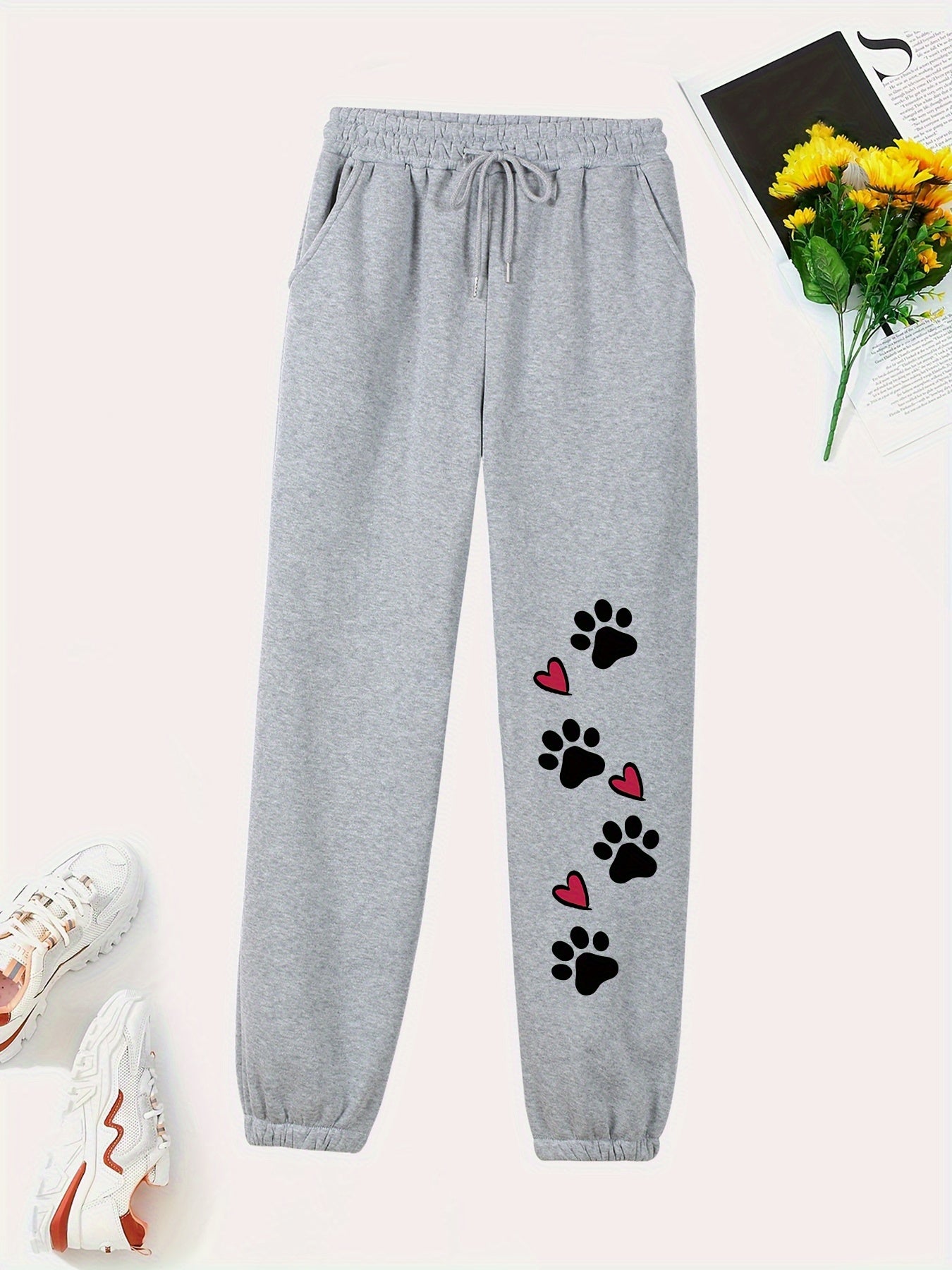 Women's Casual Sweatpants With Drawstring Waist, Stretch Cute Paw Print Comfort Joggers, Fashionable Athletic Pants For Everyday Wear