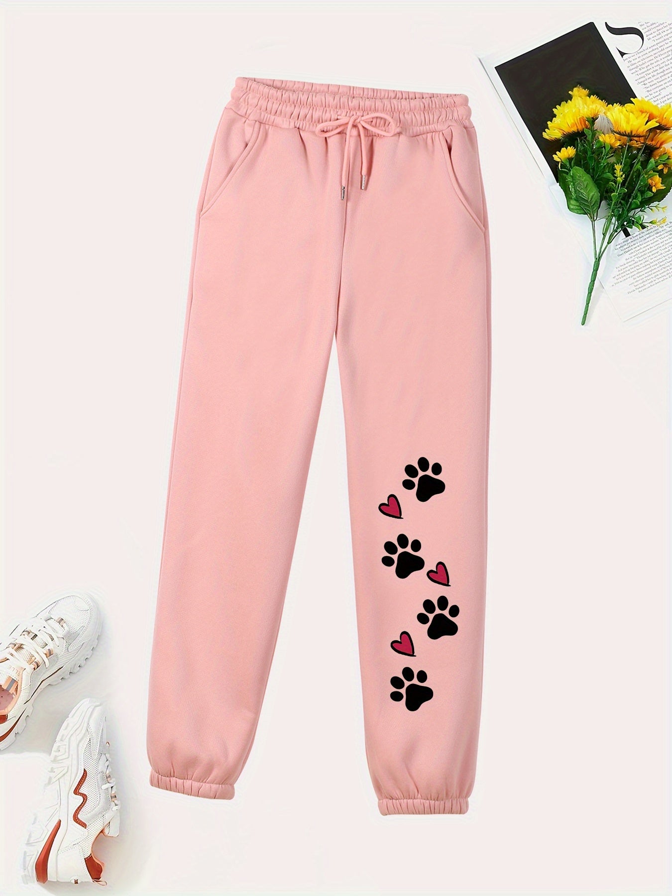 Women's Casual Sweatpants With Drawstring Waist, Stretch Cute Paw Print Comfort Joggers, Fashionable Athletic Pants For Everyday Wear