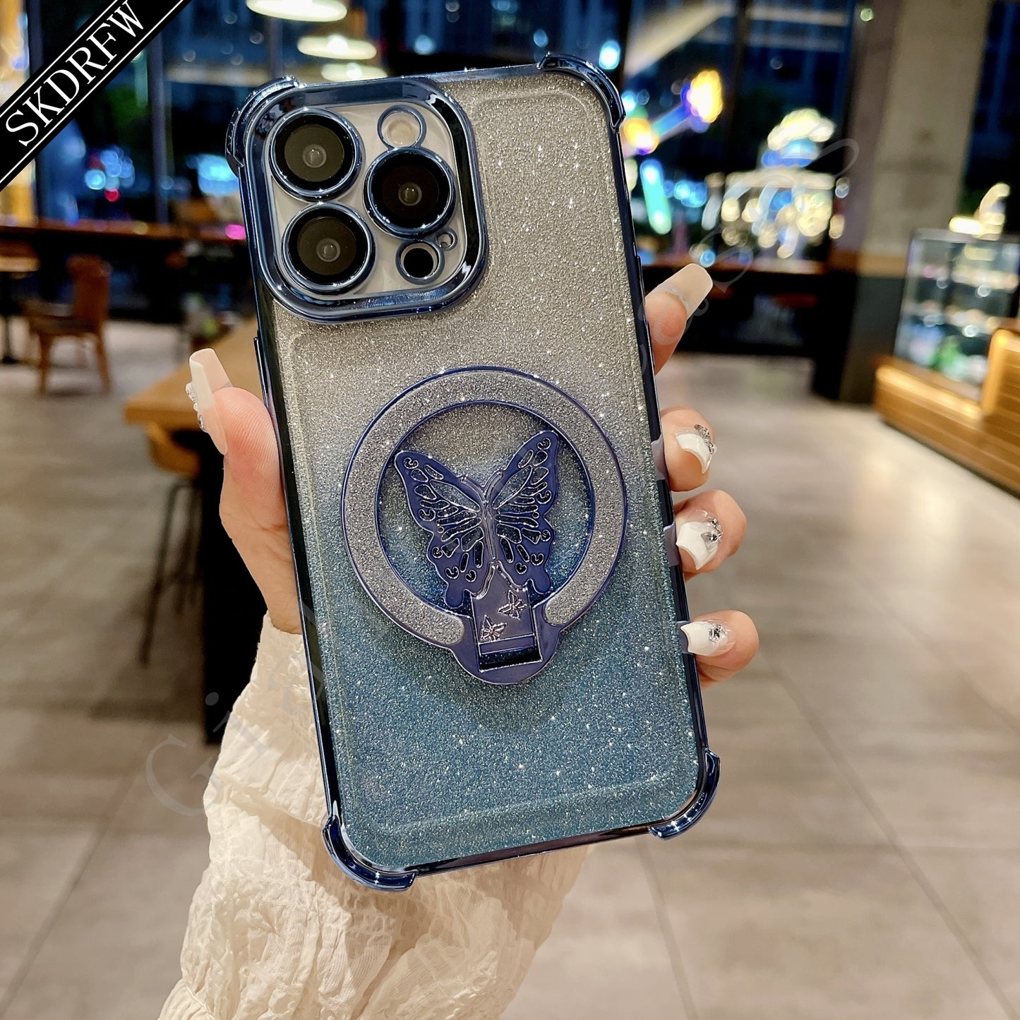 New Luxury Butterfly Glitter Bracket Super Strong Magnetic Ring with Lens Protection Film Transparent Electroplated Mobile Phone Case Suitable for Apple Mobile Phones for iPhone 16/16pro/16plus/16promax/15/15pro/15plus/15prom