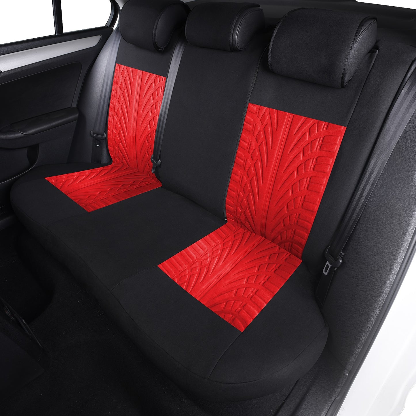 Red 3D Tyre Print Full Set Car Seat Covers - Premium Polyester, Airbag Compatible, Quick Setup, Universal Fit for Car, Truck, SUV - Durable, Waterproof, Easy to Clean, Breathable Interior Accessories