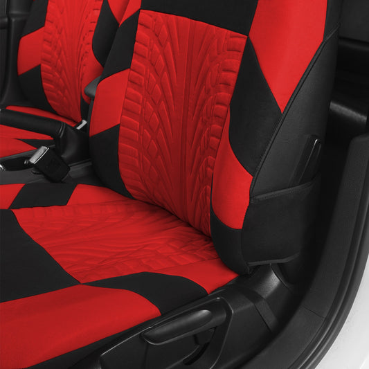 Red 3D Tyre Print Full Set Car Seat Covers - Premium Polyester, Airbag Compatible, Quick Setup, Universal Fit for Car, Truck, SUV - Durable, Waterproof, Easy to Clean, Breathable Interior Accessories