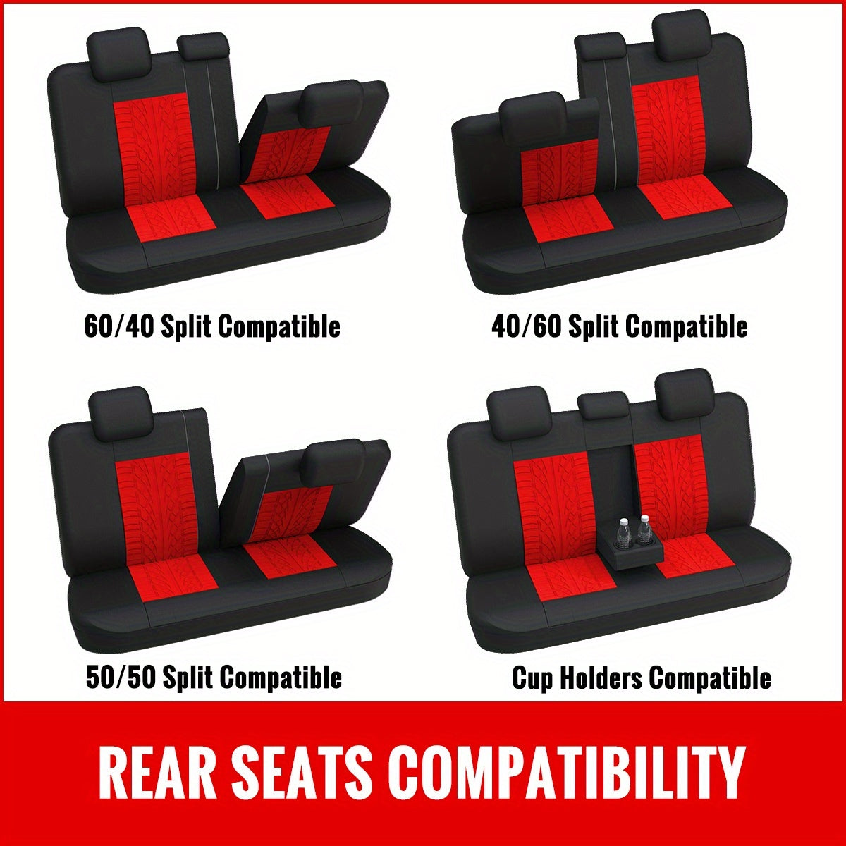 Red 3D Tyre Print Full Set Car Seat Covers - Premium Polyester, Airbag Compatible, Quick Setup, Universal Fit for Car, Truck, SUV - Durable, Waterproof, Easy to Clean, Breathable Interior Accessories