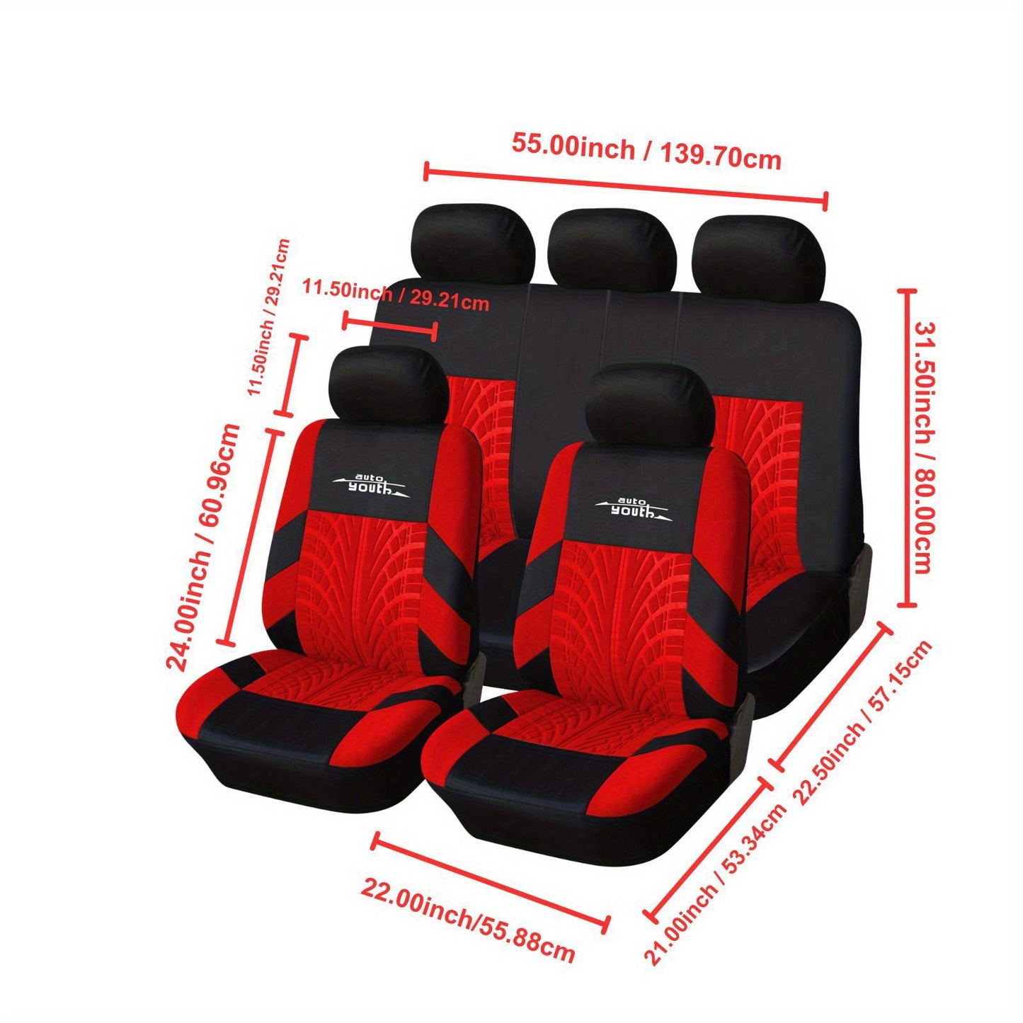 Red 3D Tyre Print Full Set Car Seat Covers - Premium Polyester, Airbag Compatible, Quick Setup, Universal Fit for Car, Truck, SUV - Durable, Waterproof, Easy to Clean, Breathable Interior Accessories