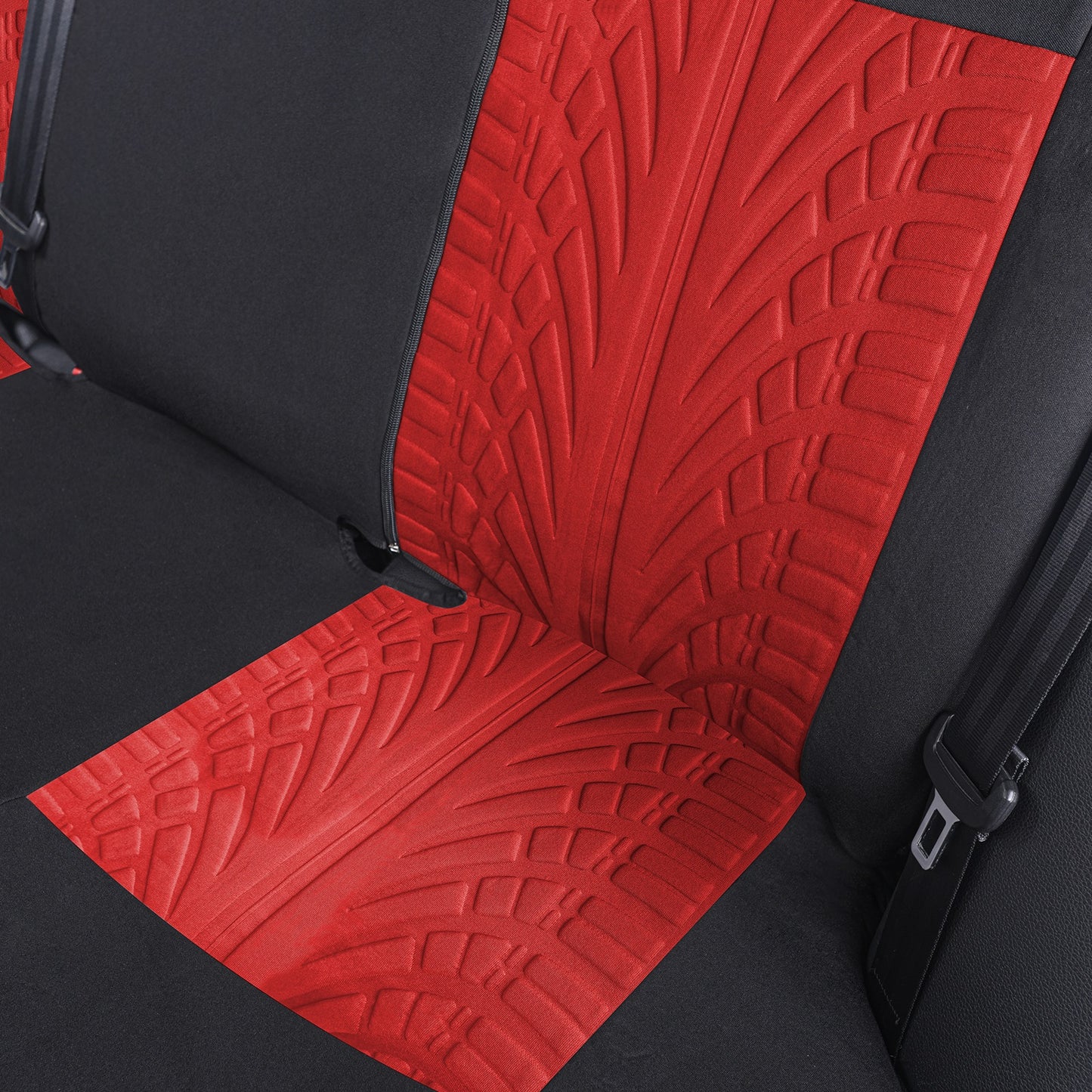 Red 3D Tyre Print Full Set Car Seat Covers - Premium Polyester, Airbag Compatible, Quick Setup, Universal Fit for Car, Truck, SUV - Durable, Waterproof, Easy to Clean, Breathable Interior Accessories