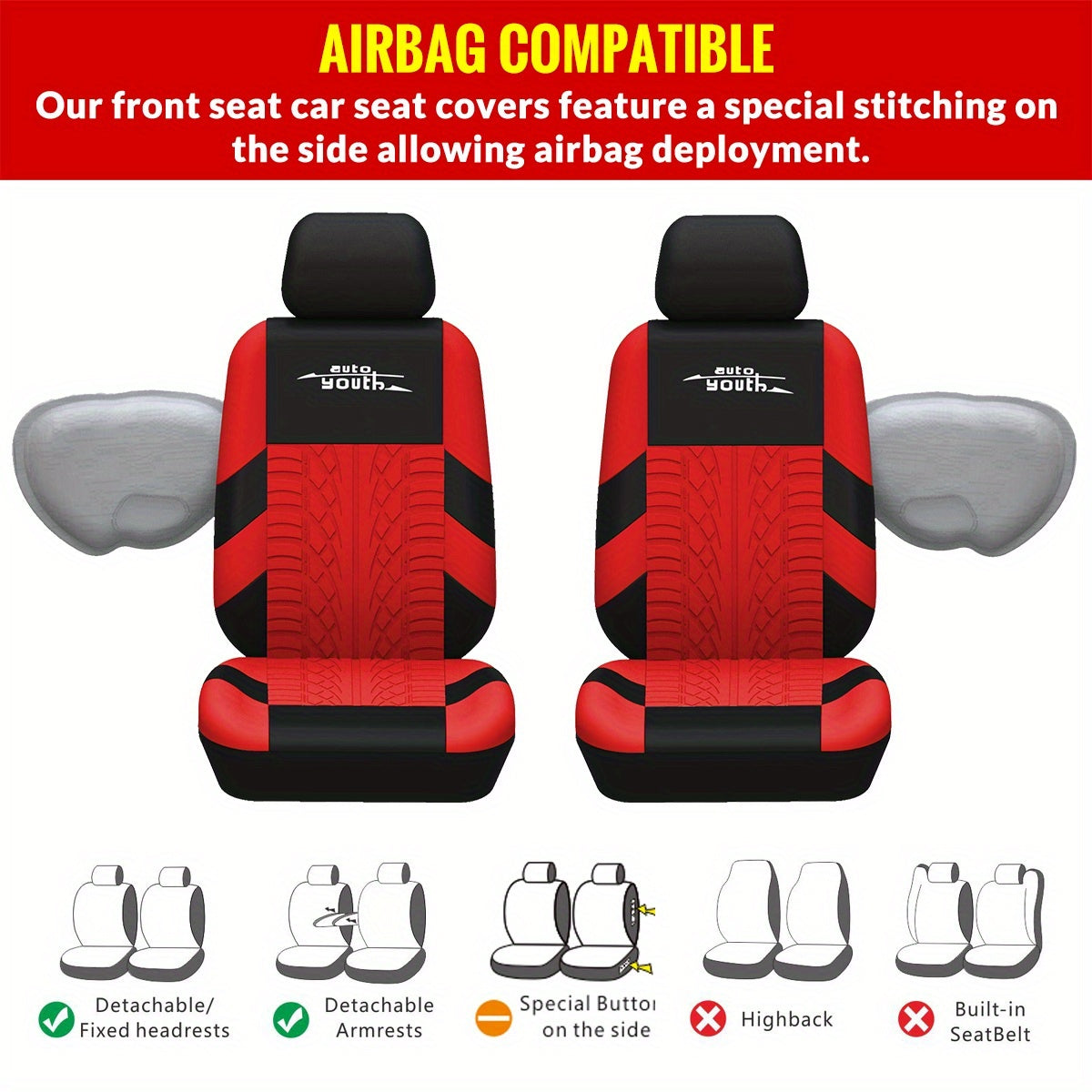 Red 3D Tyre Print Full Set Car Seat Covers - Premium Polyester, Airbag Compatible, Quick Setup, Universal Fit for Car, Truck, SUV - Durable, Waterproof, Easy to Clean, Breathable Interior Accessories