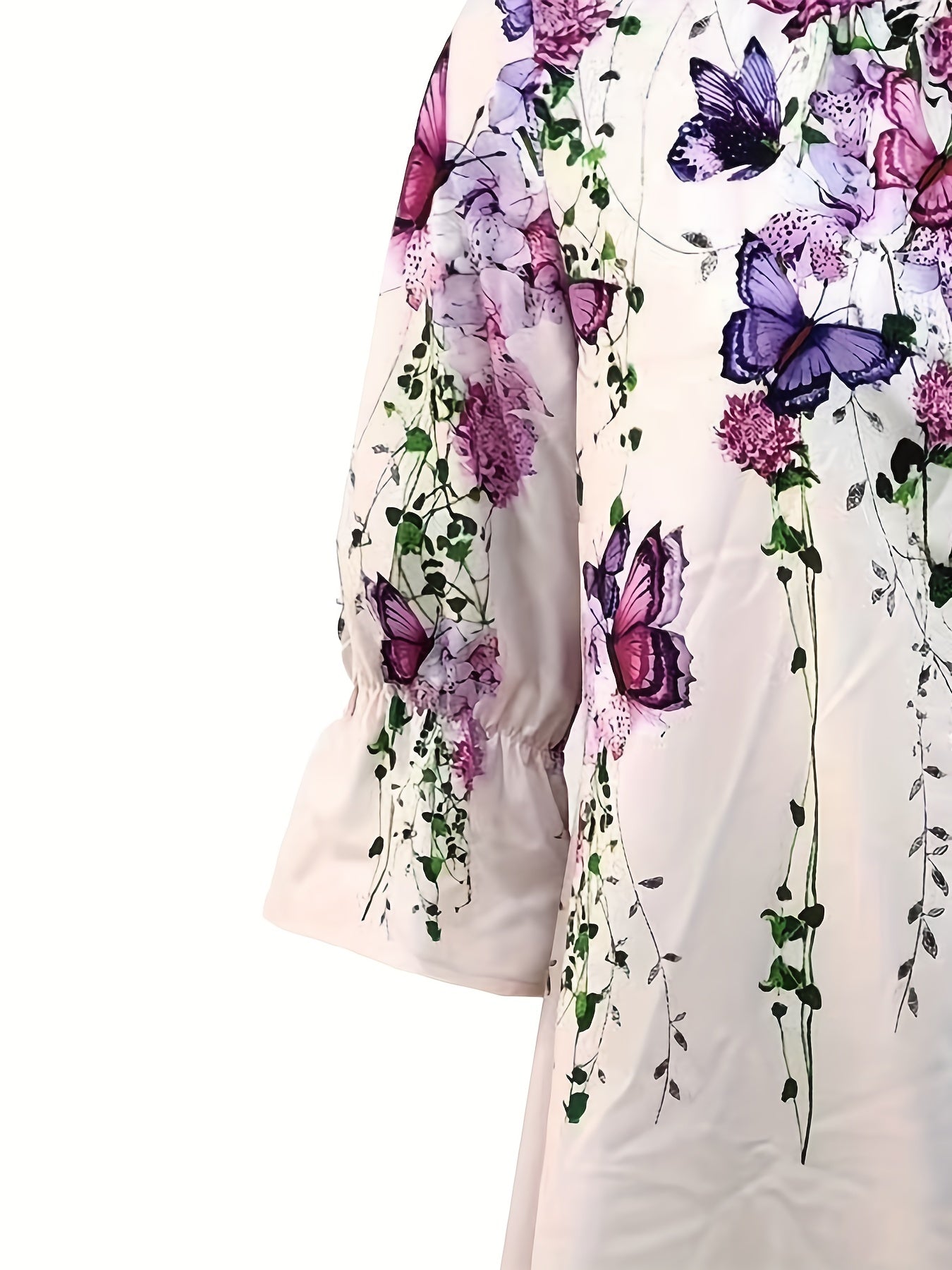 Floral & Butterfly Print Dress, Casual Three-quarter Sleeve Dress, Women's Clothing