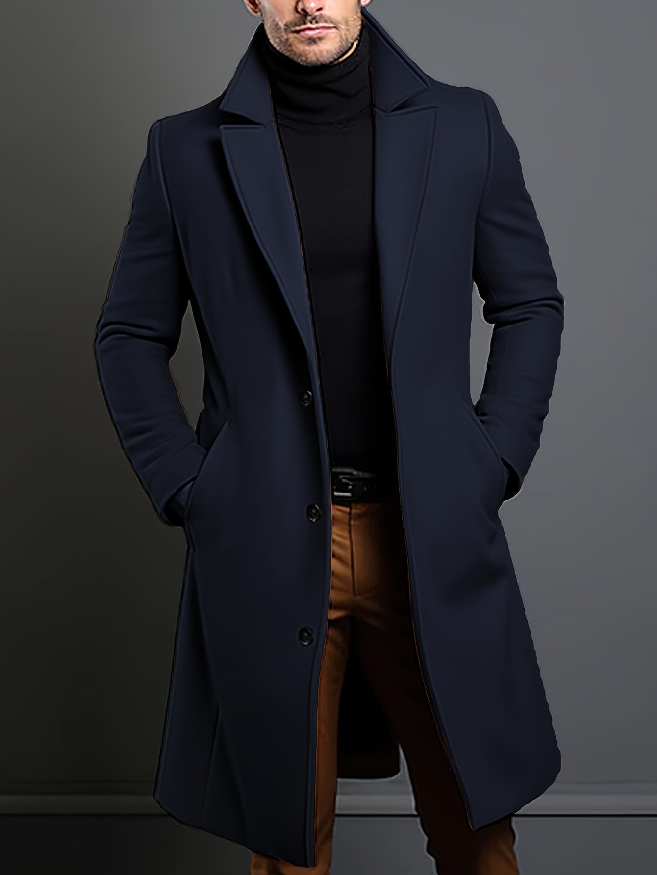 Men's Casual Wool Blend Long Sleeve Overcoat, Classic Solid Color, Tailored Fit, Notched Lapel, Button-Placket, Suitable For Daily Wear, Business, And Autumn/Winter Seasons