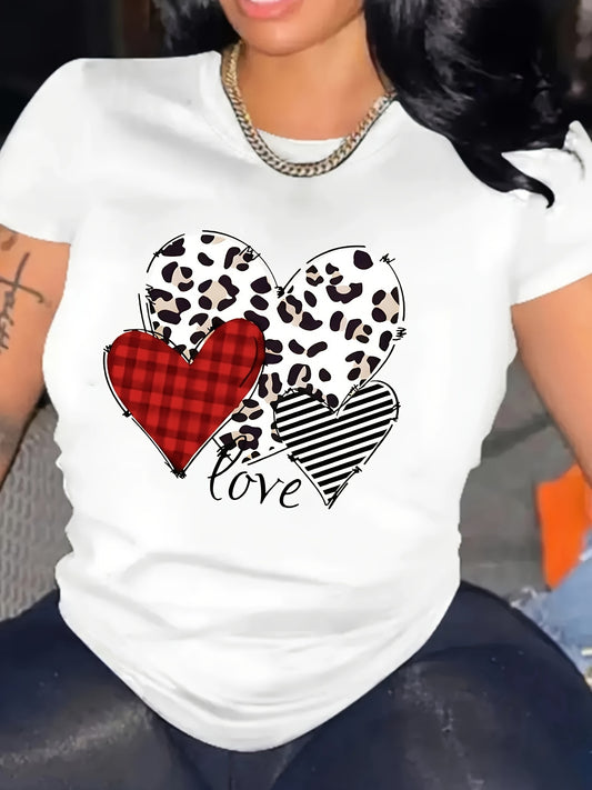 Chic Leopard Print Heart Graphic Tee - Casual Crew Neck Short Sleeve Top for Women, Stretchy Polyester Blend, Machine Washable