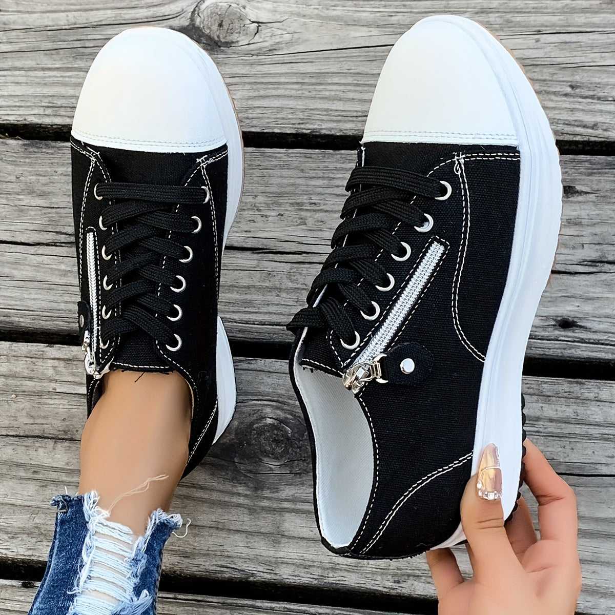 Women's Platform Canvas Sneakers, Trendy Zipper & Lace Up Low Top Sports Shoes, Casual Outdoor Walking Trainers