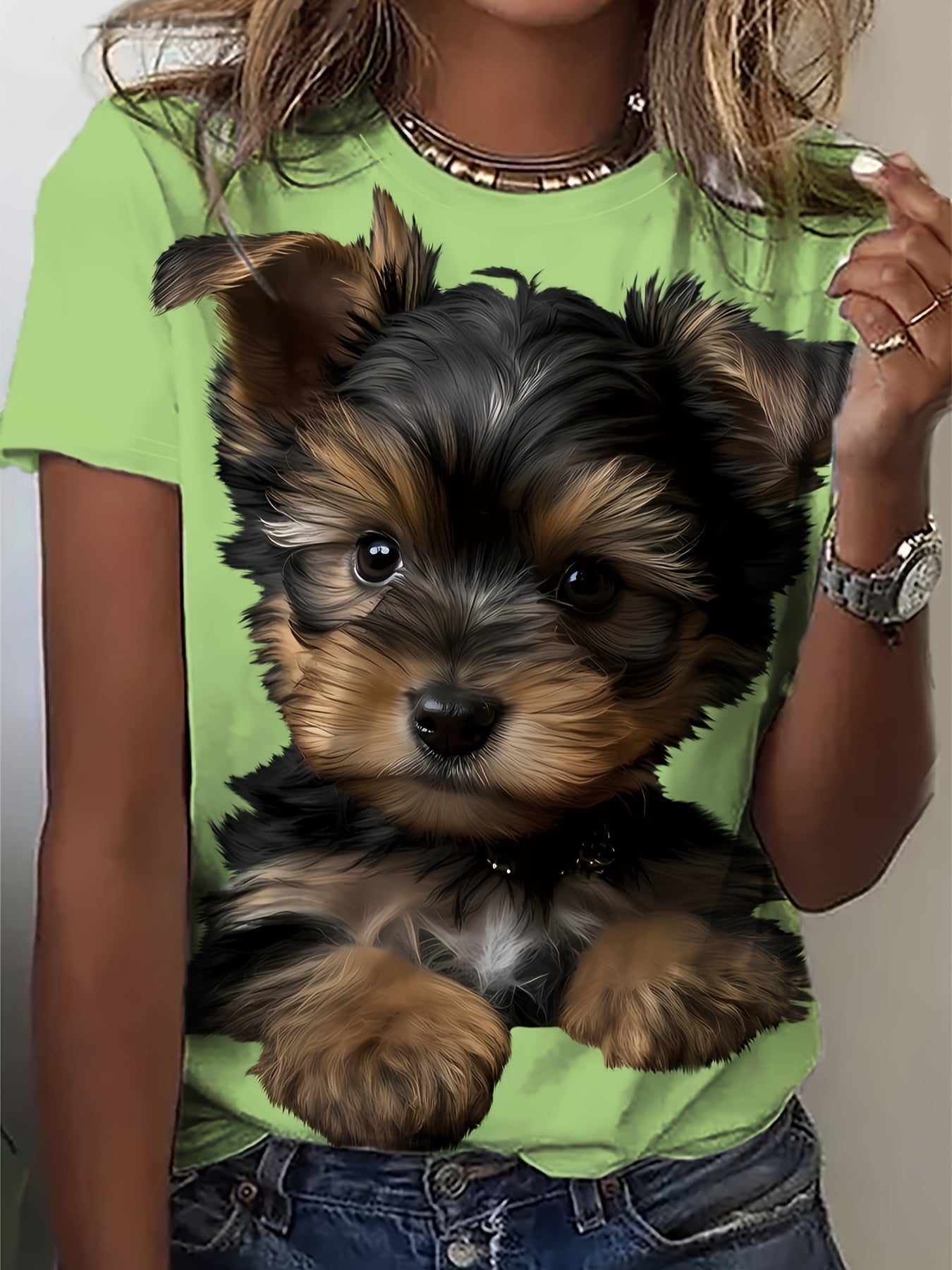 Cute Puppy Print T-Shirt, Casual Crew Neck Short Sleeve Top For Spring & Summer, Women's Clothing