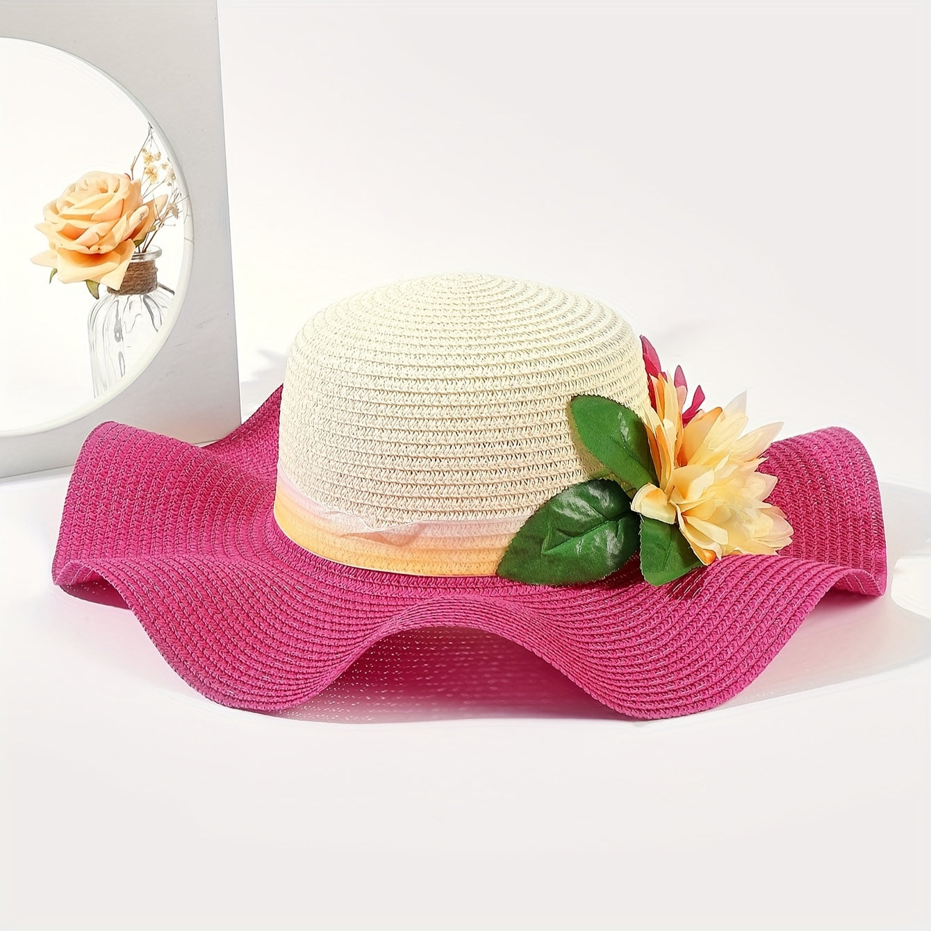 Women's Summer Wide Brim Sun Hat with Flower Accents, Paper Straw Beach Hat, Easter Holiday Stripe Crafted, Non-Elastic Toggle Closure, UV Protection - Pack of 1