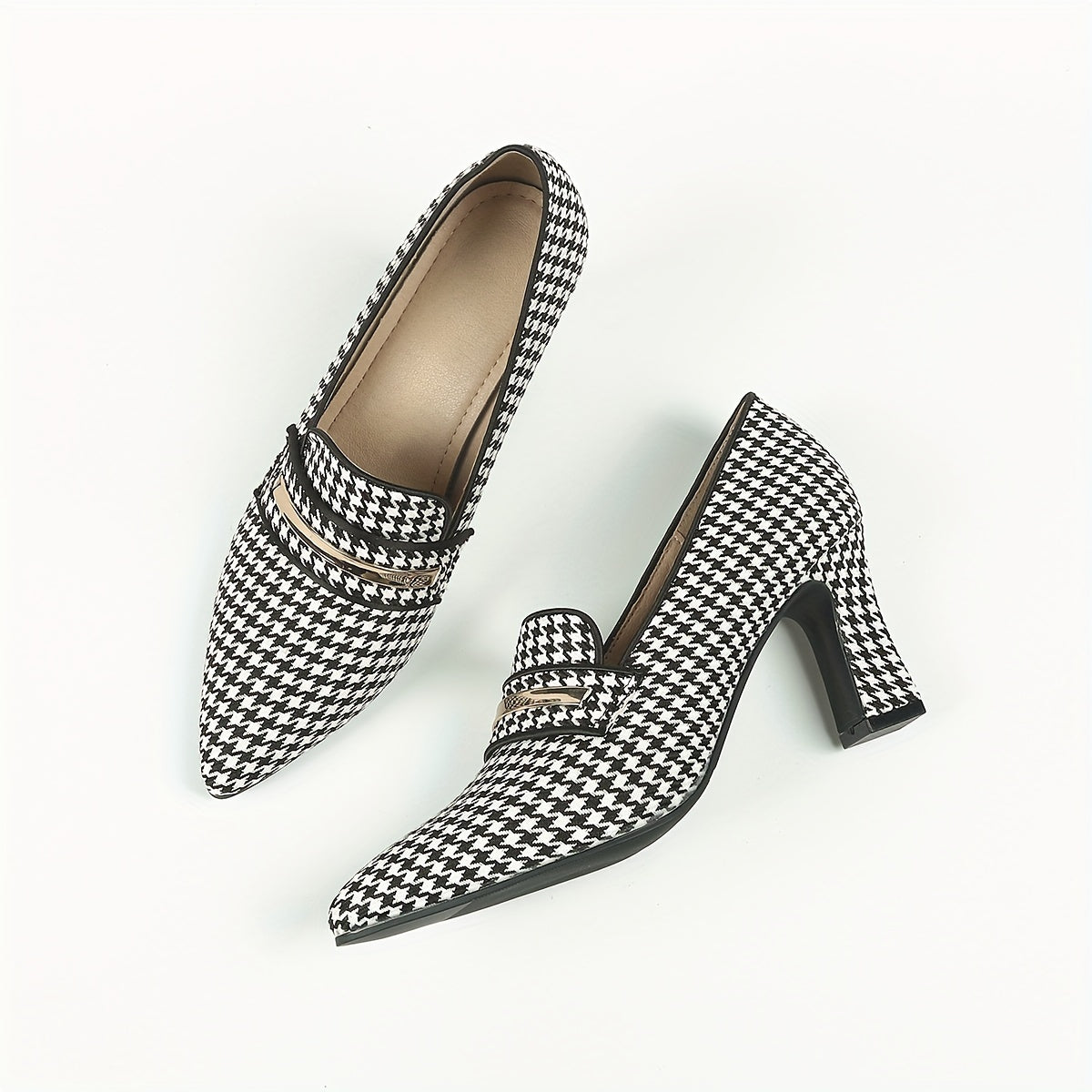 Women's Houndstooth Chunky Heels, Trendy Pointed Toe Slip On High Heels, Versatile Dressy Pumps