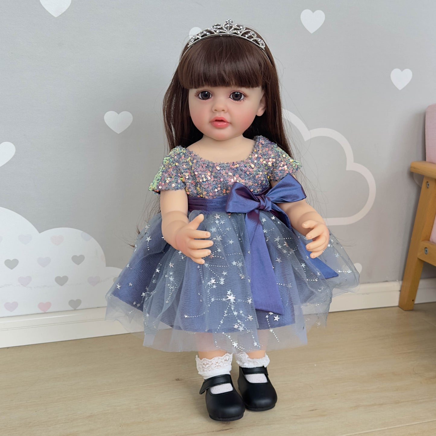 1pc 55cm Full Glue Vinyl Imitation Doll, With Princess Gauze Skirt, Pasted Long Hair, Can Enter The Water And Stand Against The Wall, Children's Play House Toy, Birthday Gift Easter Gift