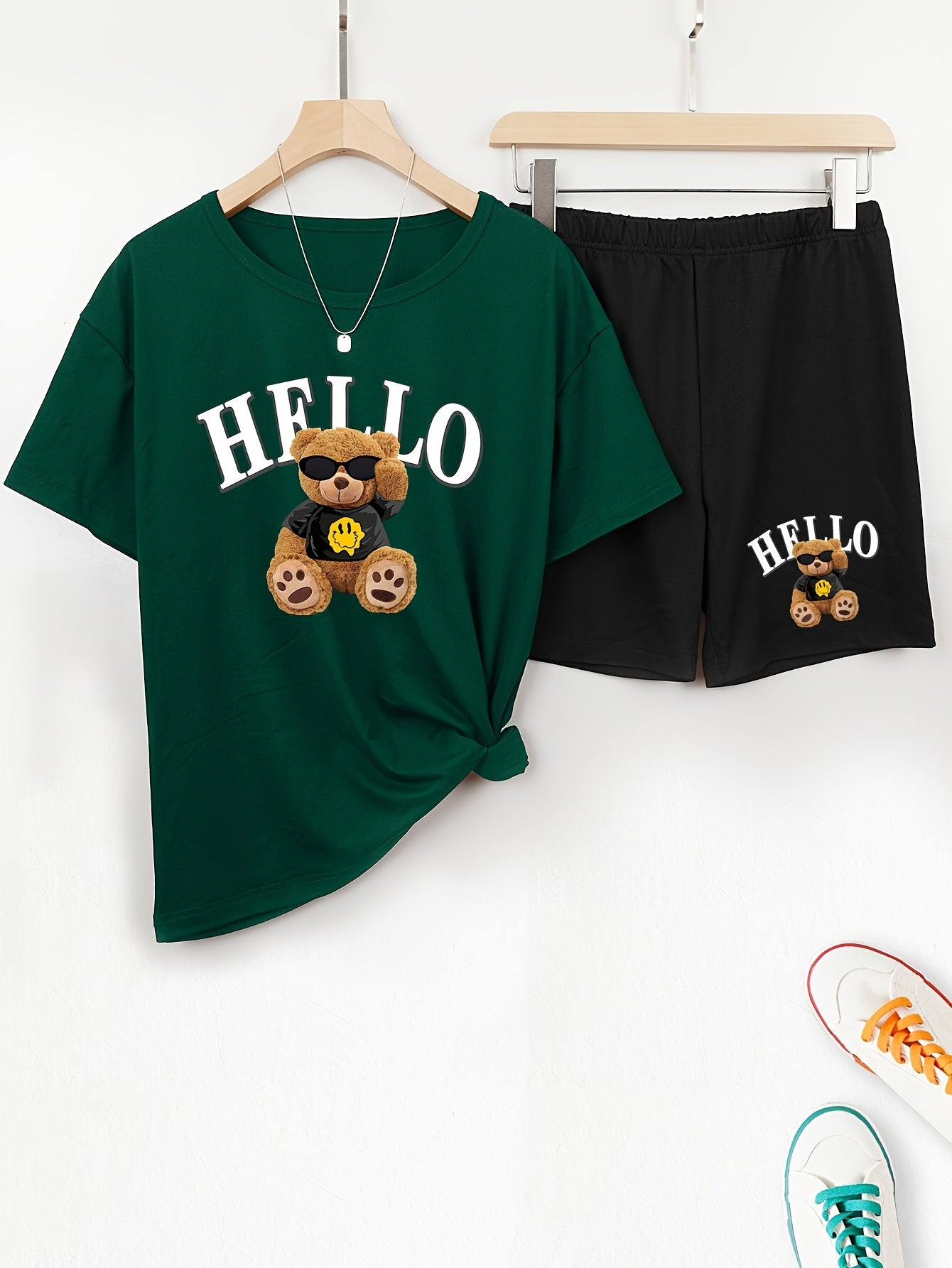 Hello Bear Print Casual Shorts Set, Crew Neck Short Sleeve Top & Elastic Waist Shorts Outfits For Spring & Summer, Women's Clothing