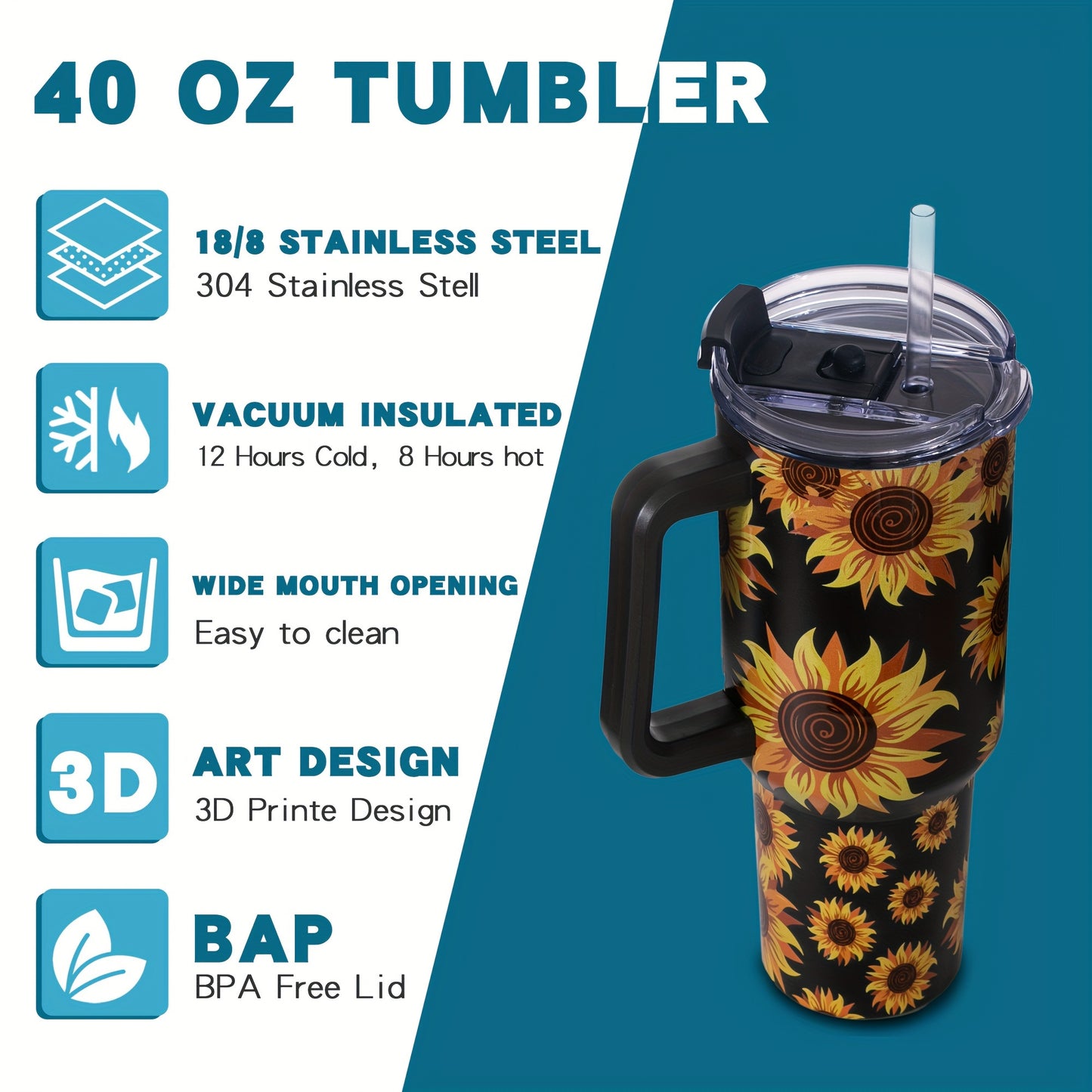 Gome Sunflower 40 oz Tumbler with Handle - Stainless Steel Cup with Straw - Insulated Coffee Mug with Lid - Sunflower Birthday Gifts for Women - Hand Wash Only