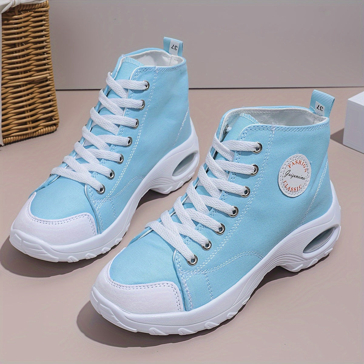 Women's Chunky Heel Canvas Shoes, Fashion Lace Up Outdoor Shoes, Comfortable Air Cushion Shoes