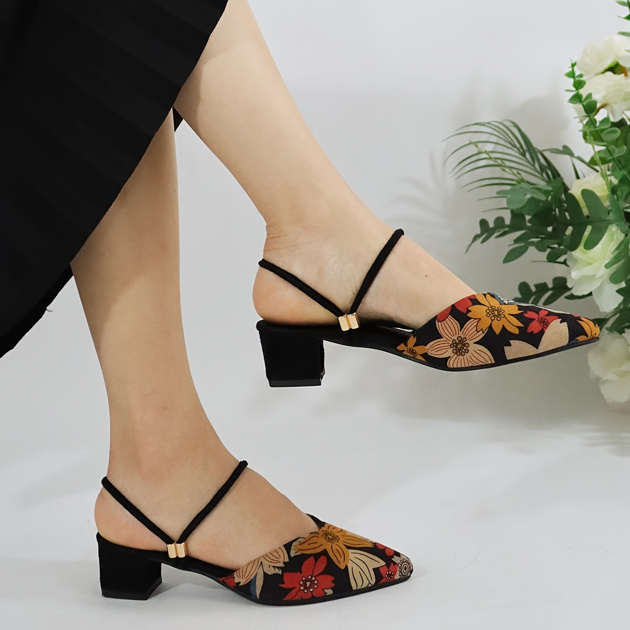 Women's Flower Pattern Chunky Heels, Elegant Point Toe Dress Pumps, Fashion Two-way Wear Heels