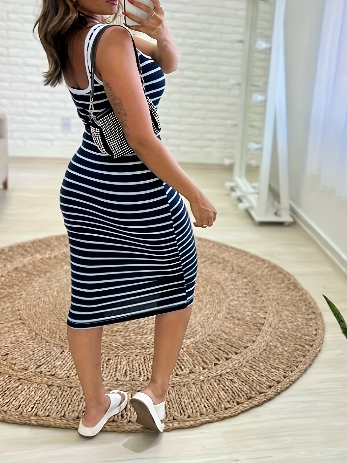 Striped Scoop Neck Dress, Casual Sleeveless Midi Bodycon Dress For Spring & Summer, Women's Clothing