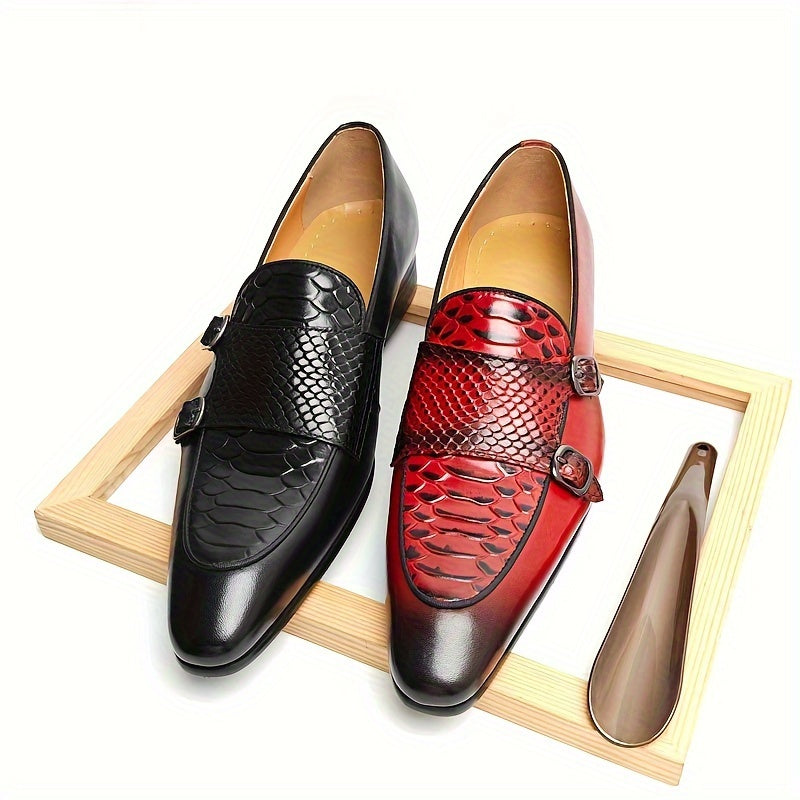 Men's Pointed-toe Double Monk Strap Loafers, Slip On Dress Shoes With Top Leather Uppers For Business Office Wedding Party