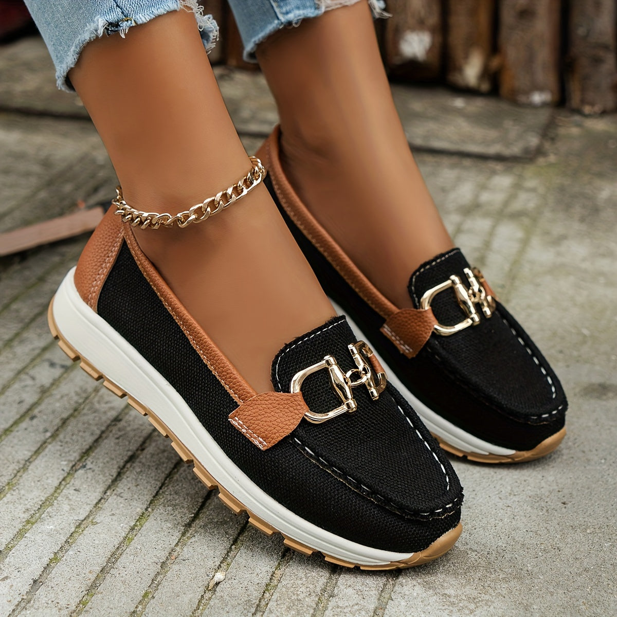 Women's Buckle Decor Sports Loafers, Casual Round Toe Soft Sole Slip On Shoes, Lightweight Flat Shoes