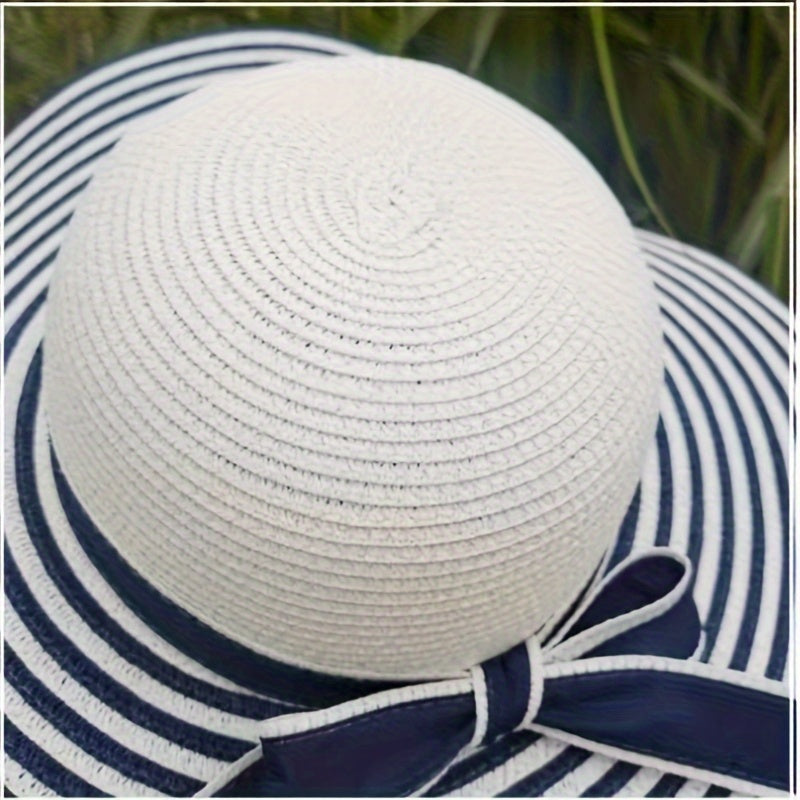 Classic Striped Bowknot Straw Hat Blue & White Wide Brim Hats Elegant Foldable Floppy Sun Hats Outdoor UV Protection Beach Hats For Women