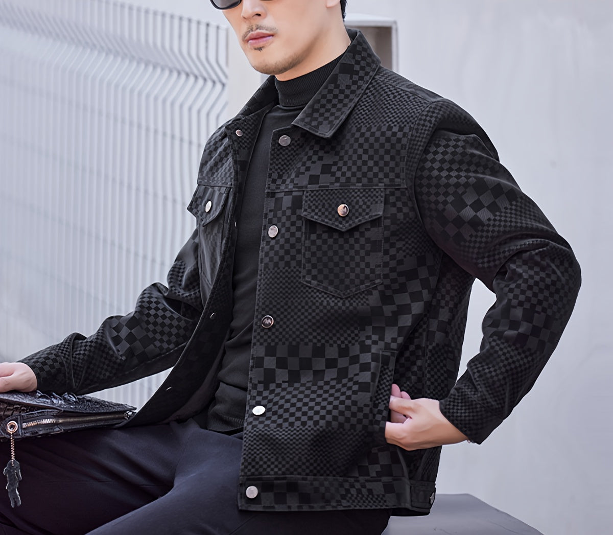 Men's Casual Checkerboard Pattern PU Leather Jacket, Button Up Lapel Jacket