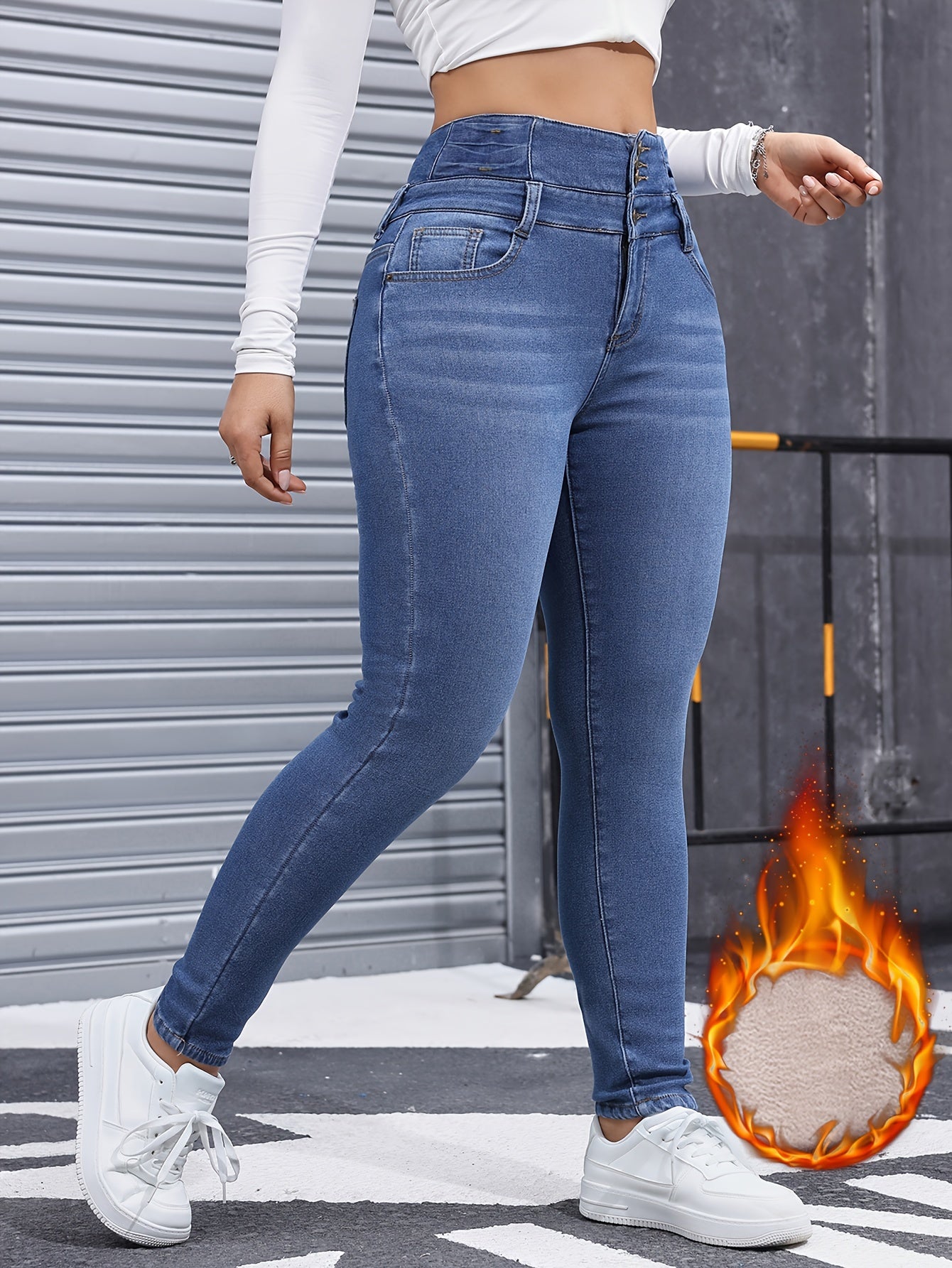 Single-breasted Skinny Fit Plush Lined Washed Blue Casual Style Thickened Denim Pants For Winter, Women's Denim Jeans & Clothing