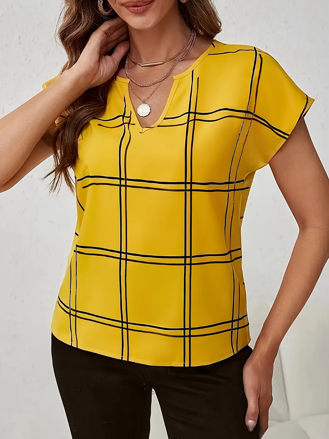 Plaid Print Notched Neck Blouse, Elegant Short Sleeve Blouse For Spring & Summer, Women's Clothing