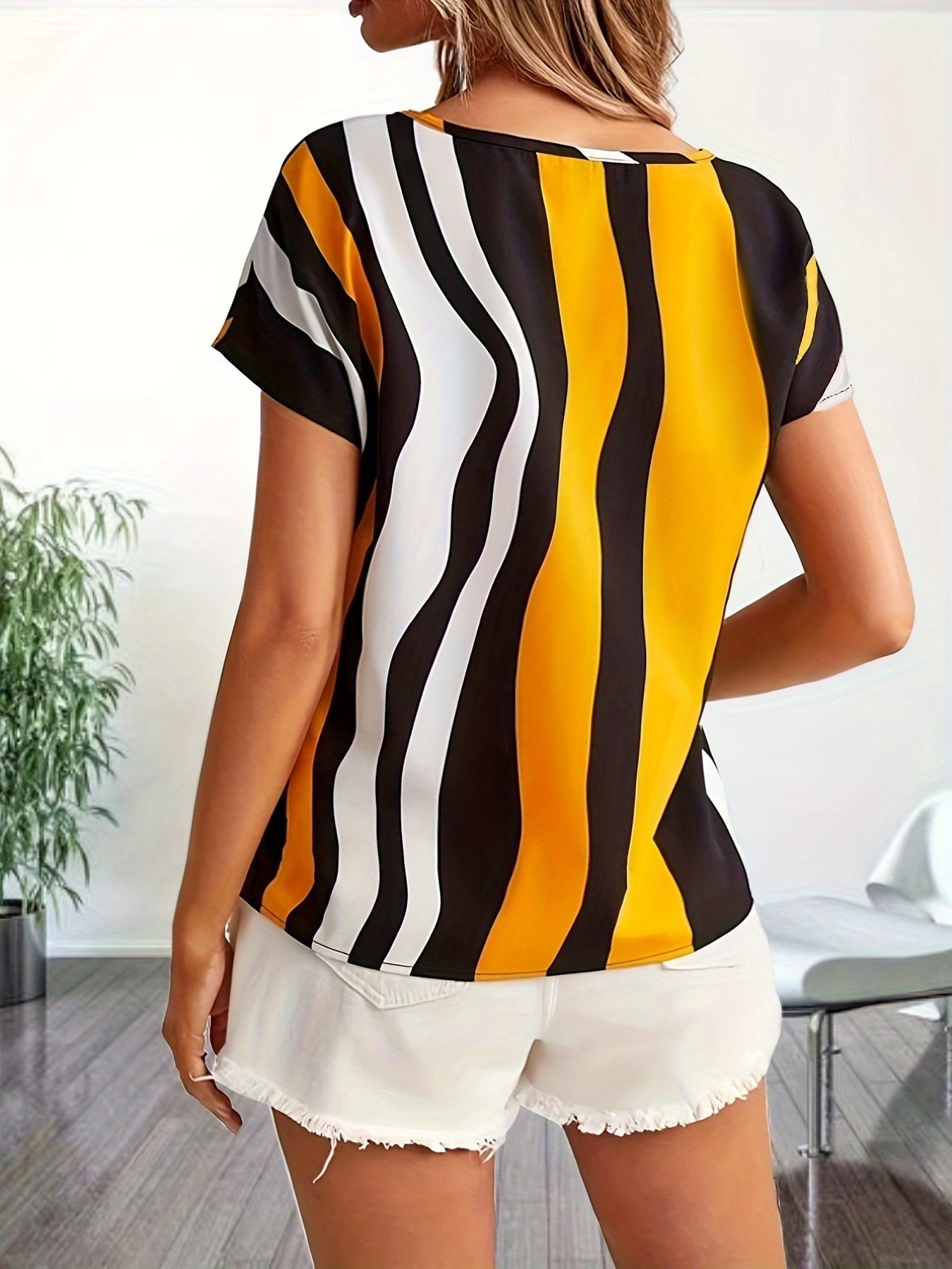 Color Block Striped V Neck Blouse, Elegant Short Sleeve Blouse For Spring & Summer, Women's Clothing