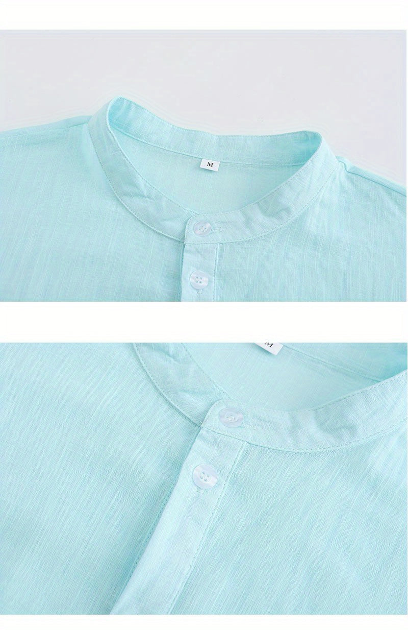 Casual All-match Men's Solid Long Sleeve Shirt With Button & Boat Neck, Spring Fall Outdoor