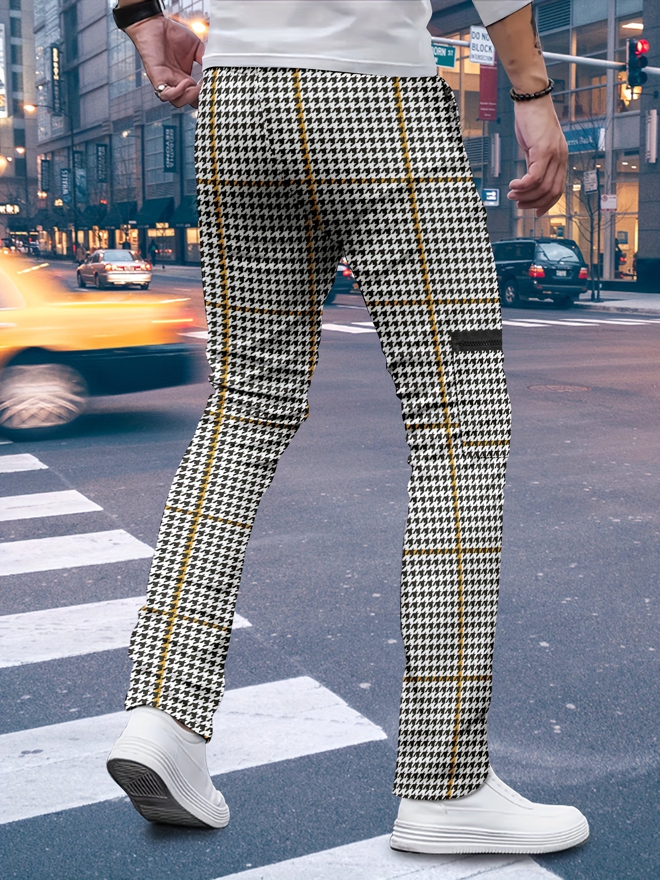 Men's Chic Style Houndstooth Print Cargo Pants, Casual Outdoor Multi-Pocket Pants For Street Wear, Spring And Fall