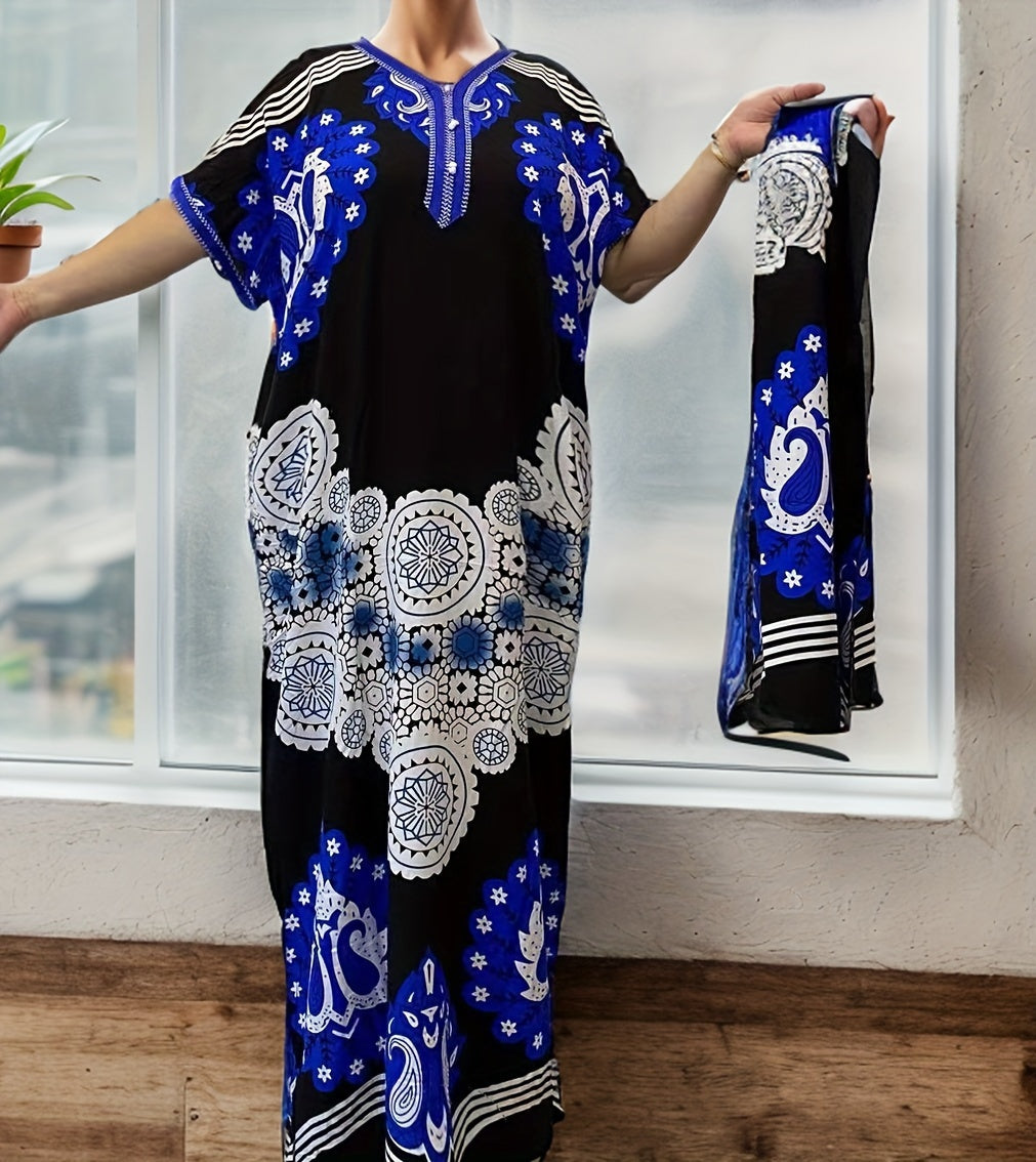 Ramadan Plus Size Floral Kaftan Dress - V-Neck, Short Sleeve Maxi Robe for Women, Breathable Rayon Blend, Machine Washable