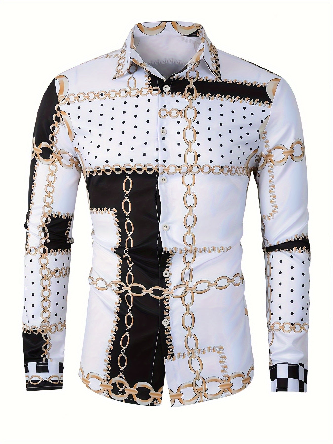 Men's Color Block Chains Graphic Print Shirt, Casual Lapel Button Up Long Sleeve Shirt For Spring Fall Outdoor Activities Party Gift