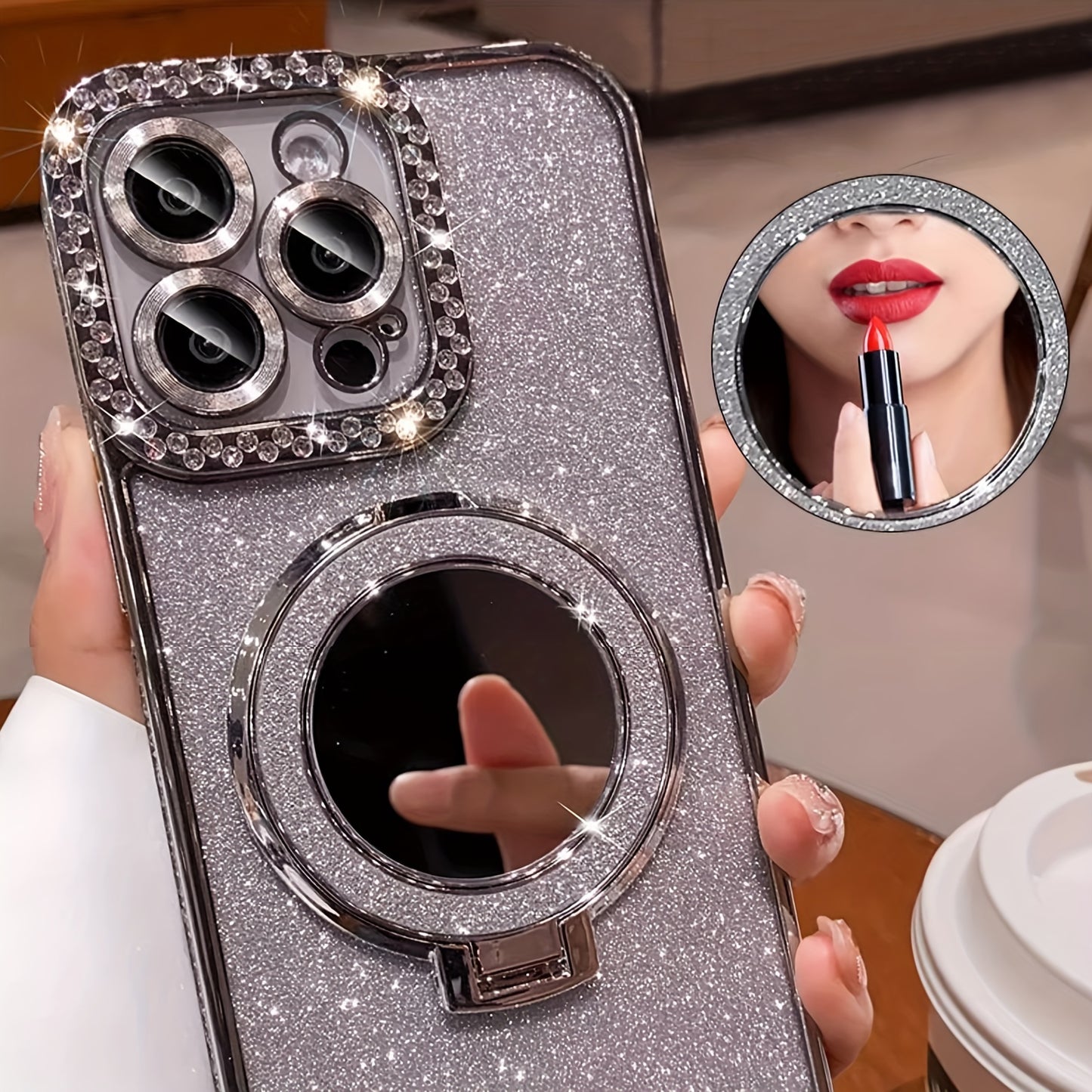 New Luxury High-Grade Glitter Double Row Diamond Mirror Magnetic Bracket All-Inclusive Lens Mobile Phone Case Suitable for Apple for Iphone 16 15 14 13 12 11 Pro Max / Niche Transparent Anti-Fall Soft Glue Protective Back Cov