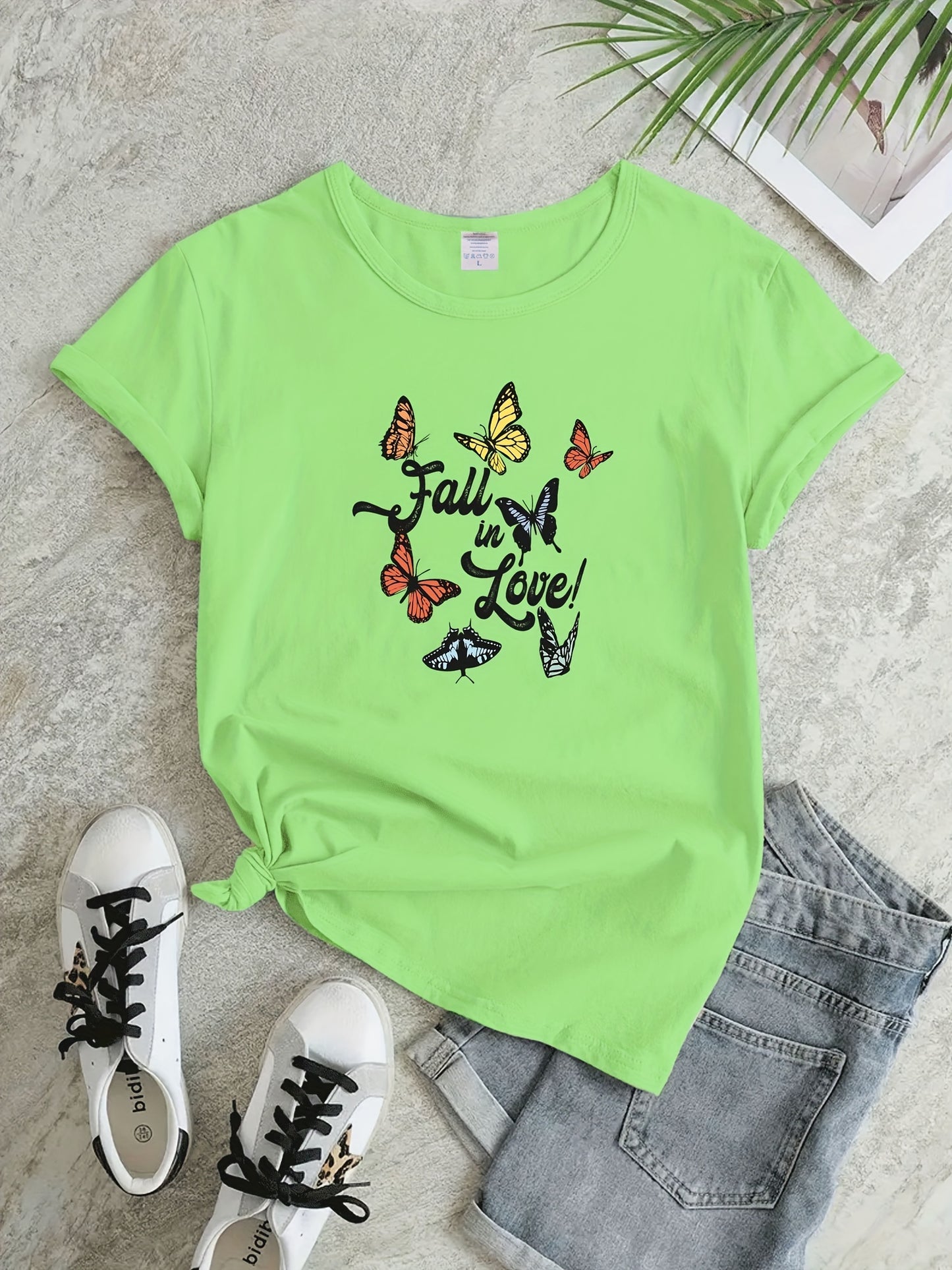 Butterfly & Letter Print T-Shirt, Casual Crew Neck Short Sleeve T-Shirt For Spring & Summer, Women's Clothing