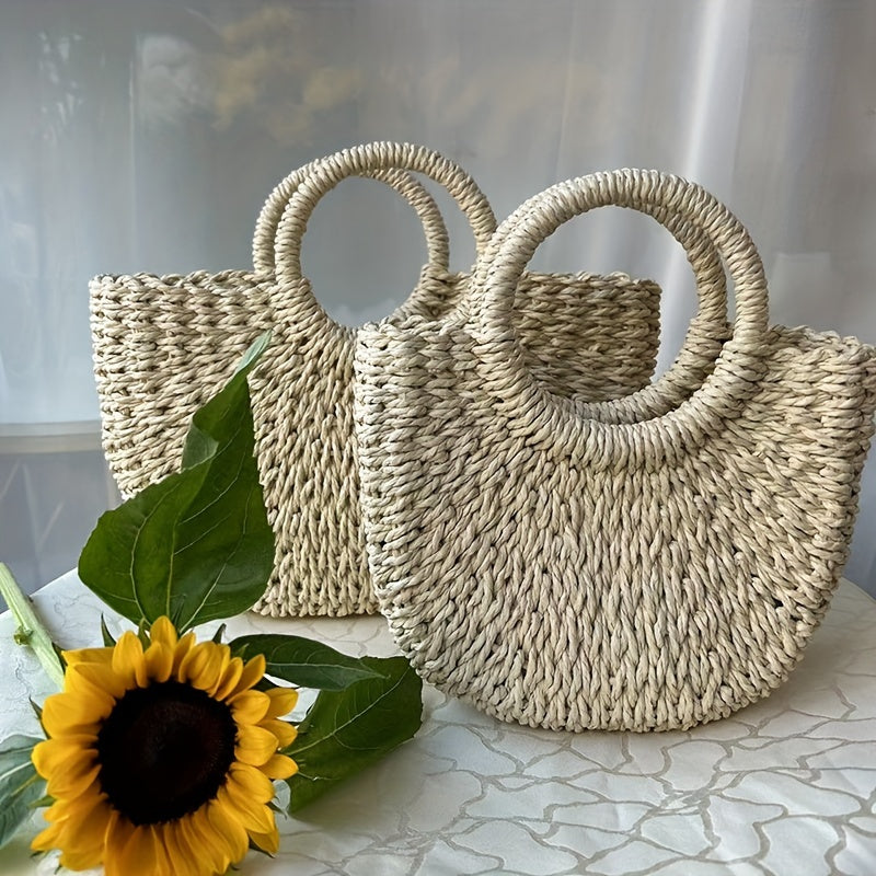 Khaki PVC Woven Straw Bag, Half-Round Hand Washable Summer Beach Handbag, Women's Casual Crossbody Vacation Essential