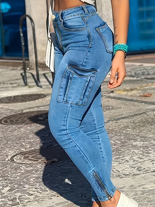 Side Flap Pocket Zipper Hem Skinny Jeans, High Waist Stretchy Plain Denim Pants, Women's Denim Jeans & Clothing