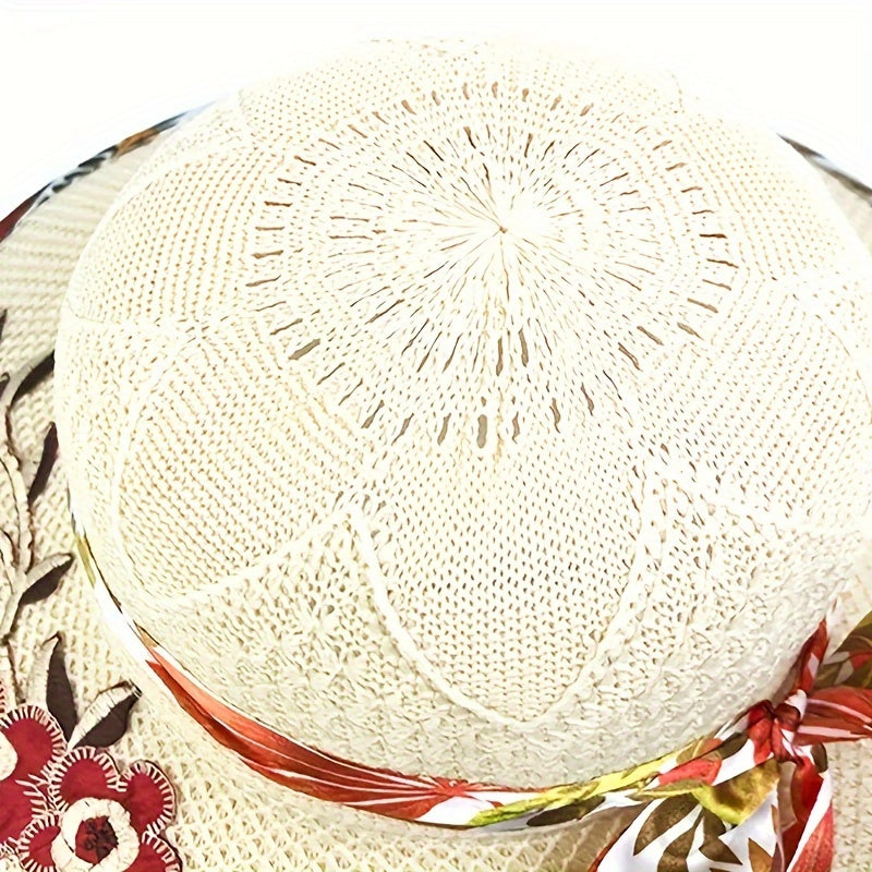 1pc Satin Print Streamer Decorative Sun Hat Personalized Flower Embroidered Wide Brim Hat Summer Stylish Sunshade Beach Hats For Women