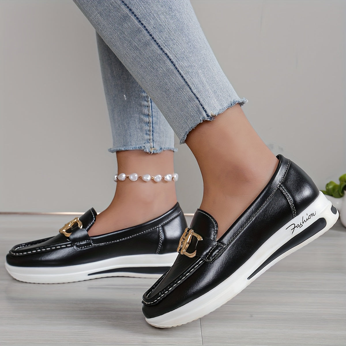 Chic Women's Slip-On Loafers with Metallic Buckle - Comfortable Thick Sole, Round Toe, Solid Color Fashion Shoes for All Seasons