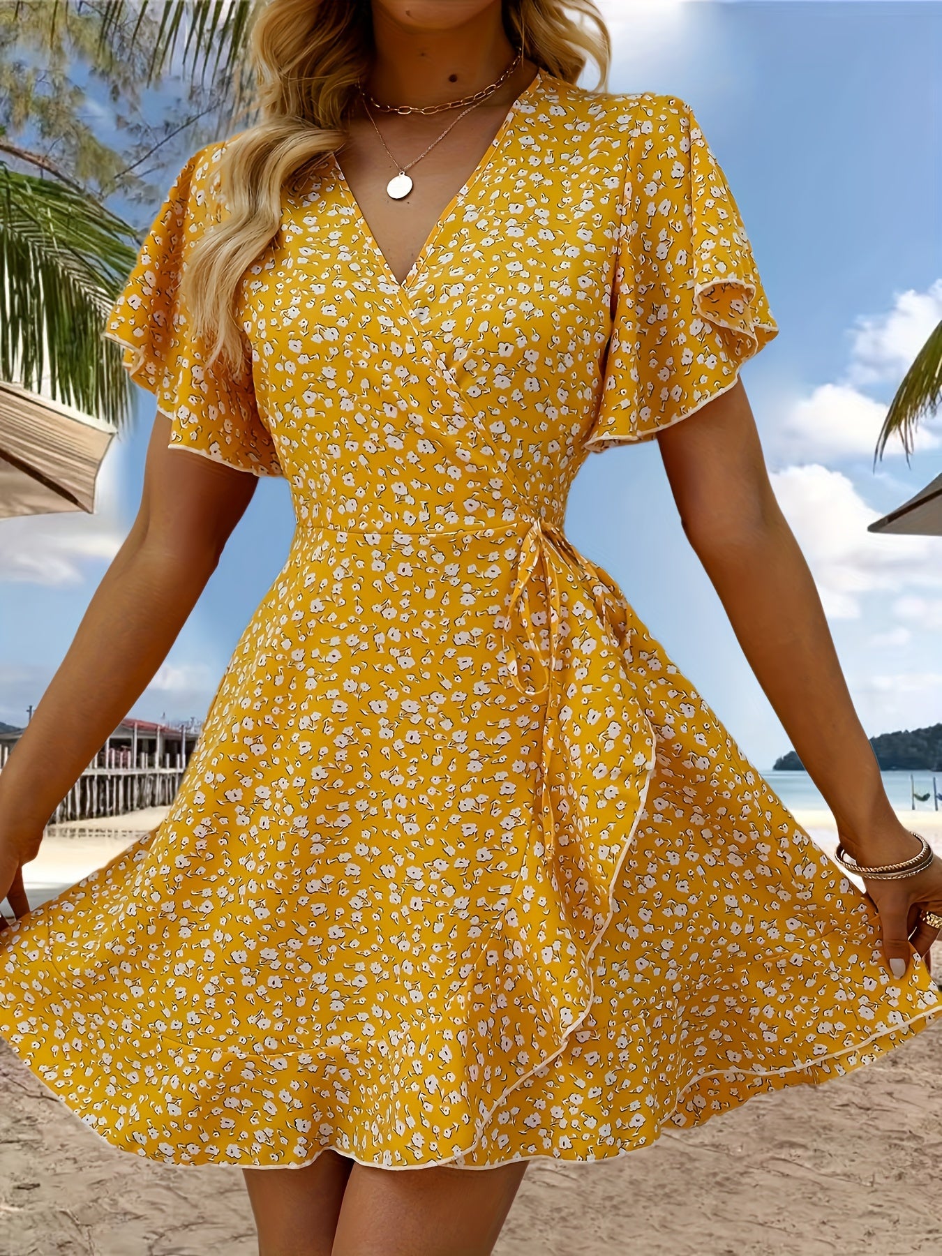 Floral Print V-neck Dress, Elegant Short Sleeve Cinched Waist Ruffle Hem Dress For Spring & Summer, Women's Clothing