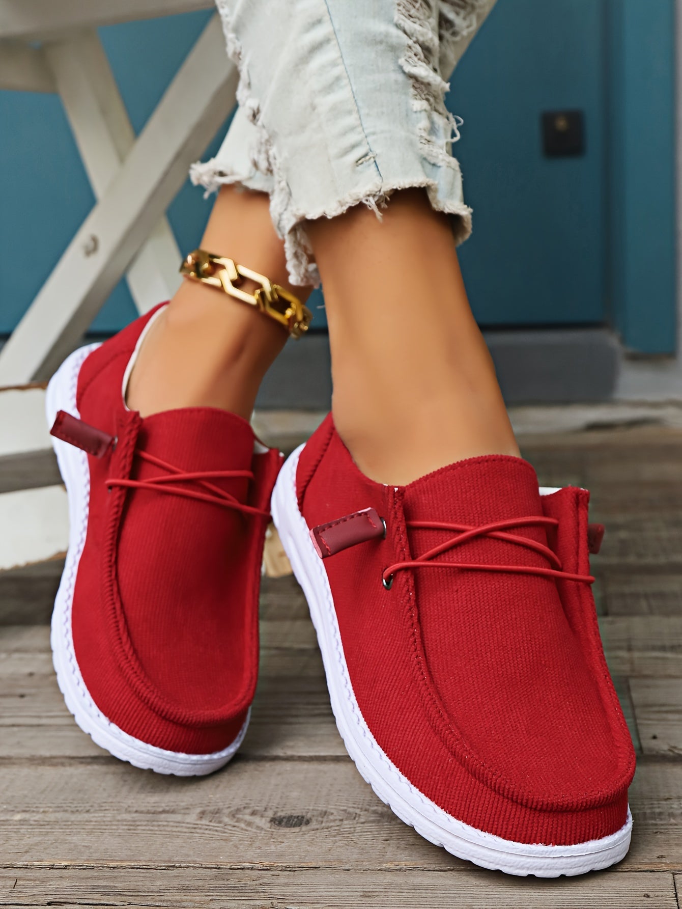 Women's Casual Slip-On Sneakers, Round Toe Lace-up Flats, Breathable Canvas Shoes With Rubber Sole, Lightweight Comfort Walking Shoes, Large Size - Red