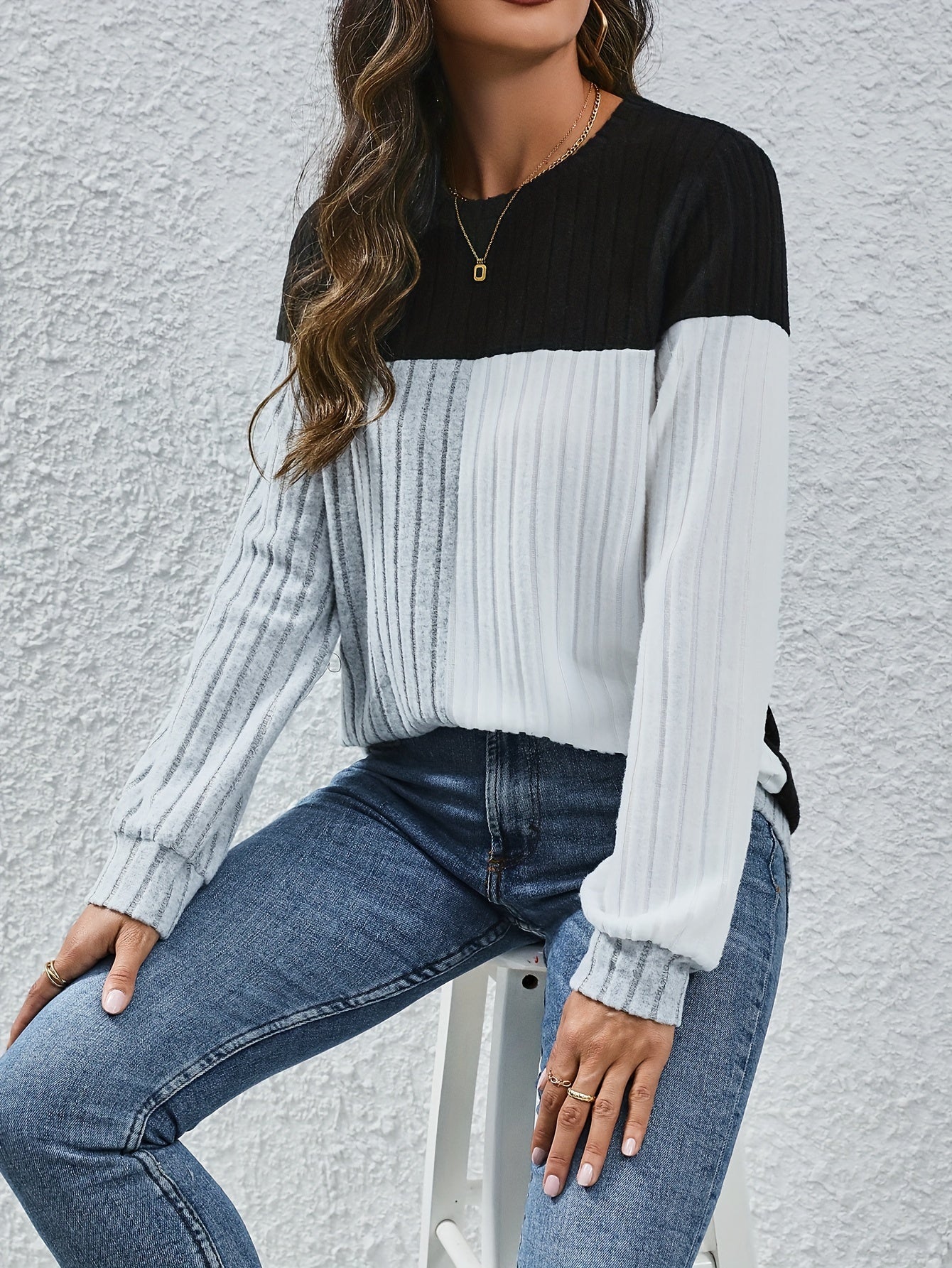 Ribbed Color Block T-Shirt, Casual Crew Neck Long Sleeve Top For Spring & Fall, Women's Clothing