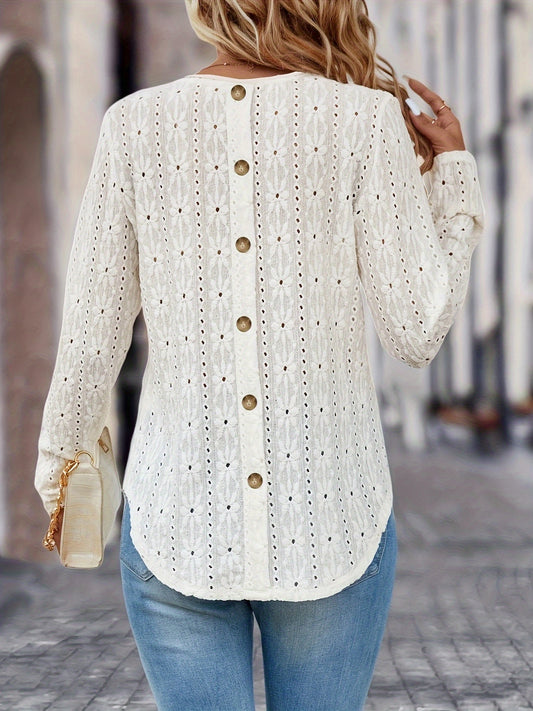 Eyelet Embroidered Button T-shirt, Casual Crew Neck Long Sleeve T-shirt, Women's Clothing