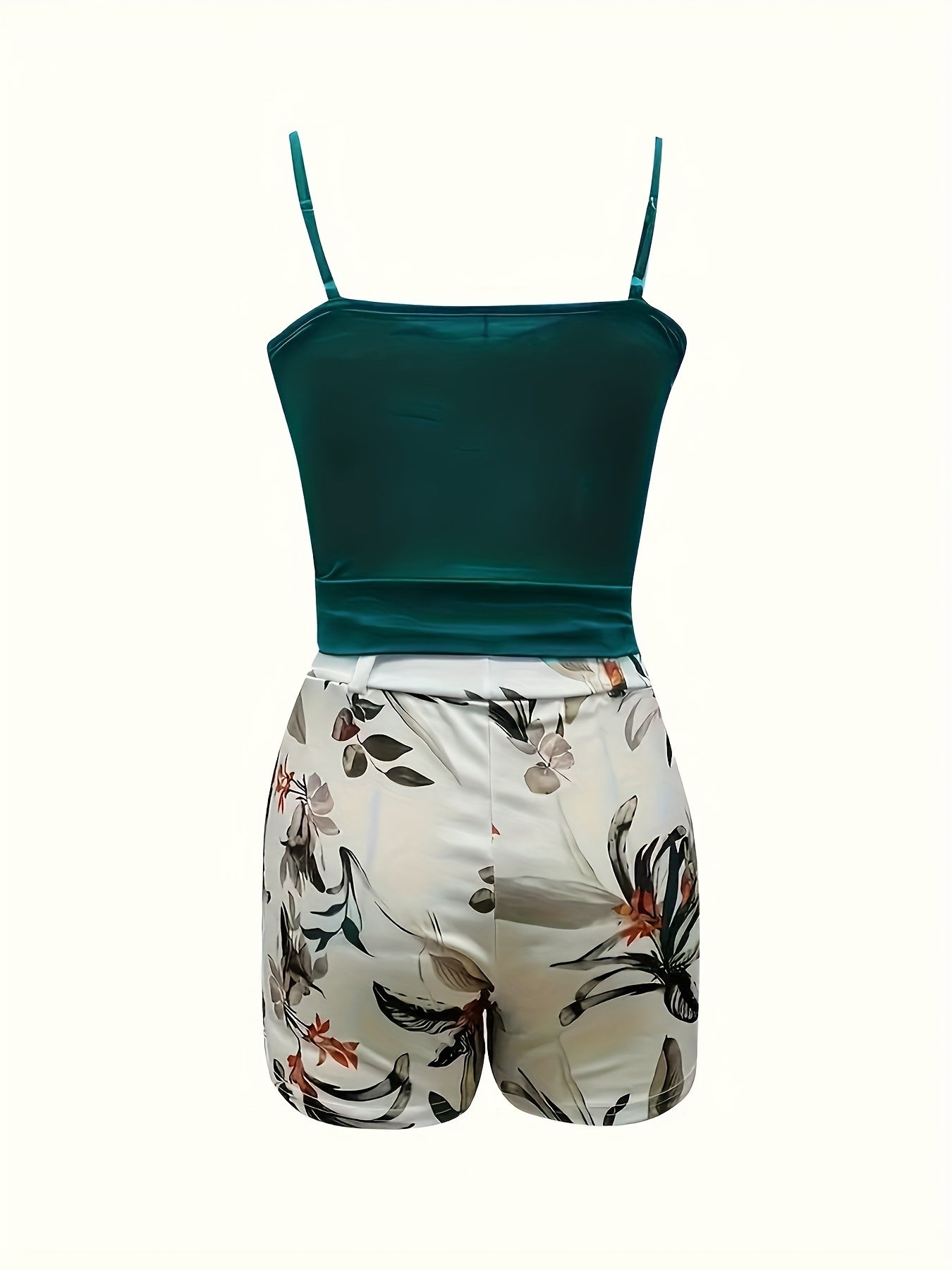 Casual Two-piece Set, Solid V Neck Cami Top & Floral Print Shorts Outfits, Women's Clothing