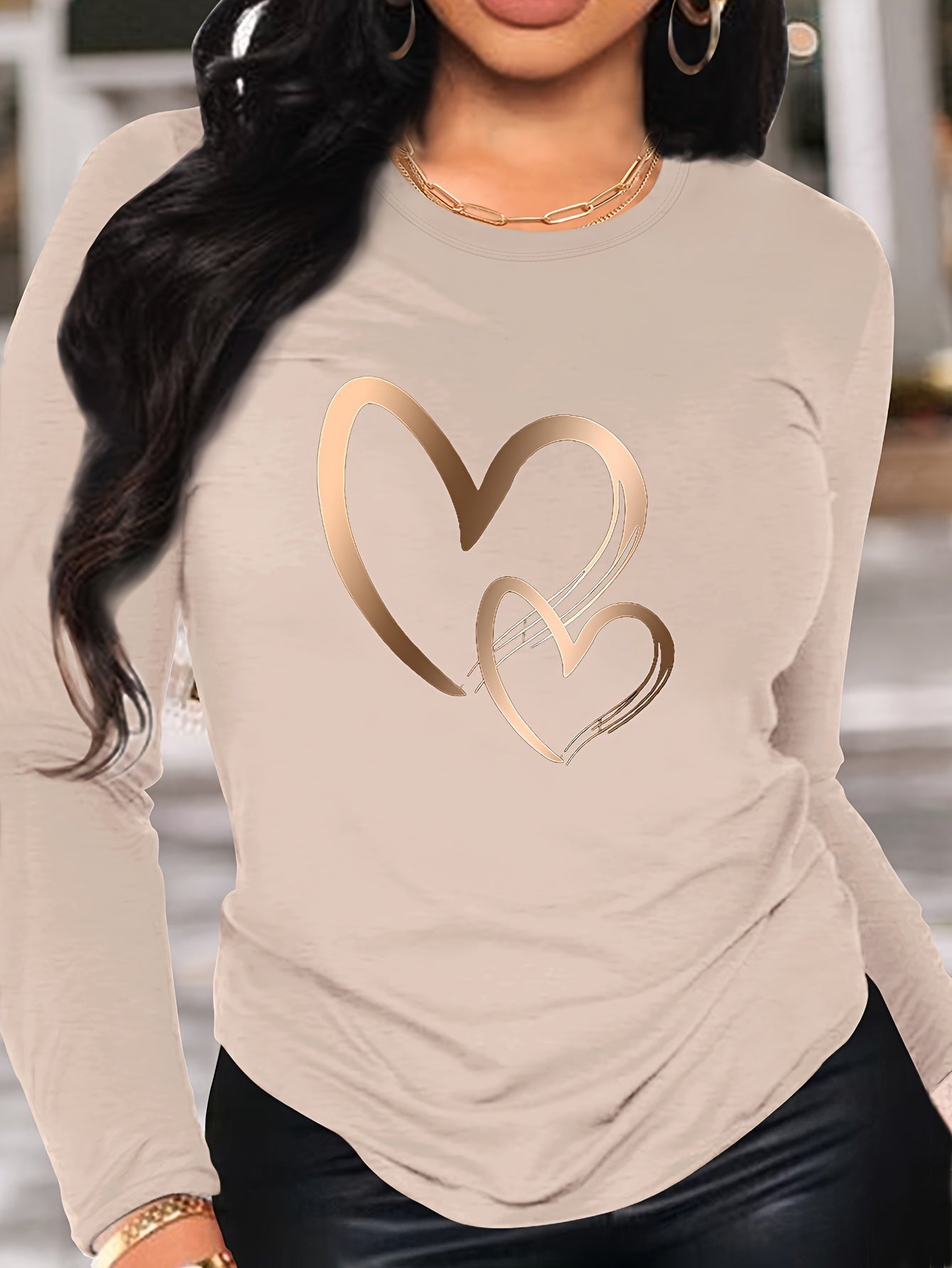 Women's Casual Heart Print Long Sleeve T-Shirt - Crew Neck, Soft Polyester, Machine Washable