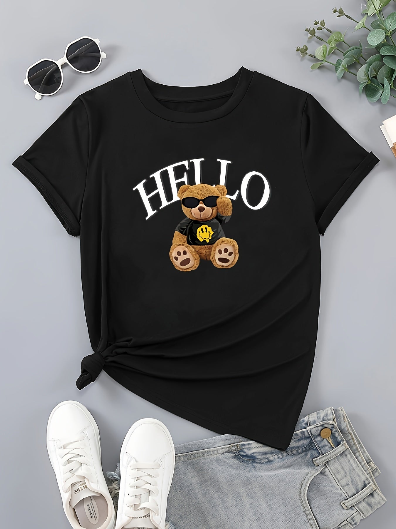 Cartoon Bear Print T-shirt, Casual Short Sleeve Top For Spring & Summer, Women's Clothing