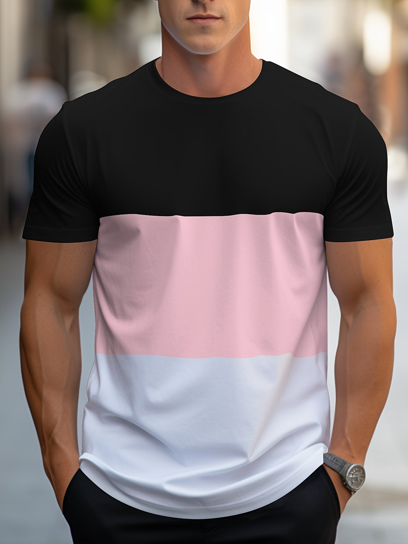 Men's Contrast Color Stripe Pattern Print T-shirt With Crew Neck And Short Sleeve, Casual And Comfy For Summer Leisurewear