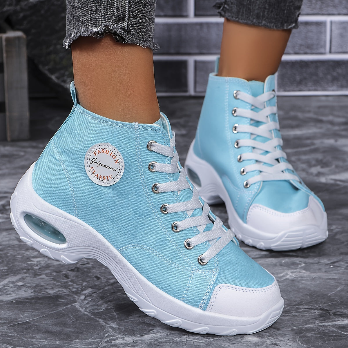 Women's Chunky Heel Canvas Shoes, Fashion Lace Up Outdoor Shoes, Comfortable Air Cushion Shoes