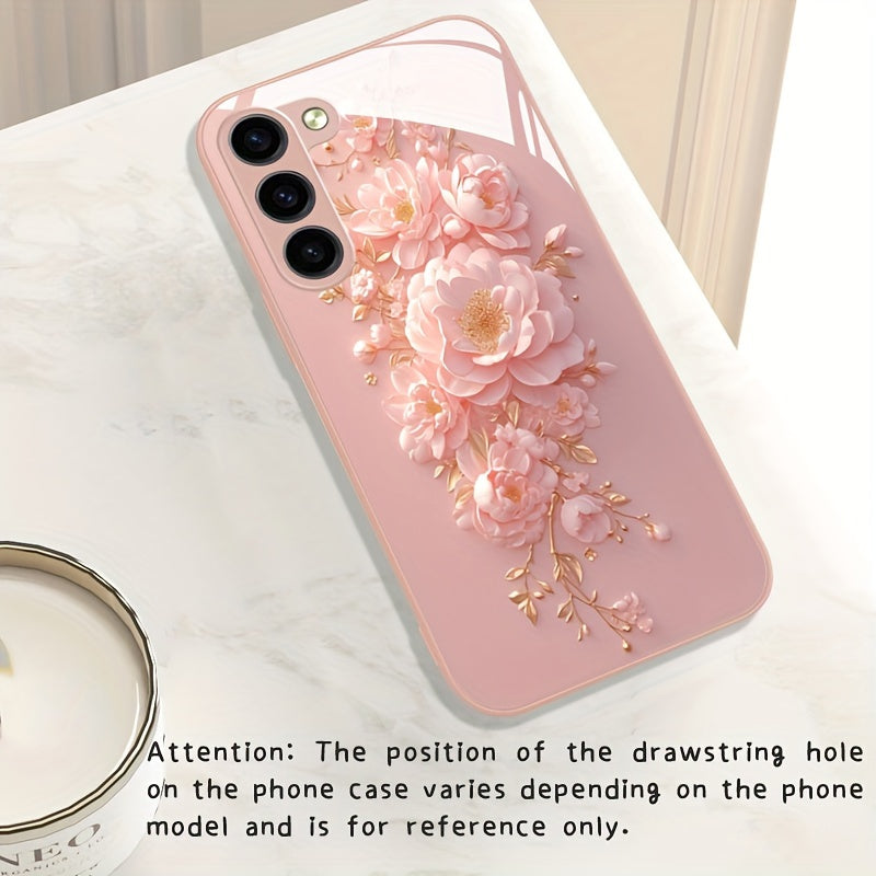 Pink Flower Glass Phone Case For SamSung For Galaxy Series - Compatible with s24/s24 plus/s24 ultra, s23/s23 plus/s23 ultra, s22/s22 plus/s22 ultra, s21/s21 plus/s21 ultra/s21 fe, s20/s20 plus/s20 ultra, A 03/a 04/a 13/a 14/a